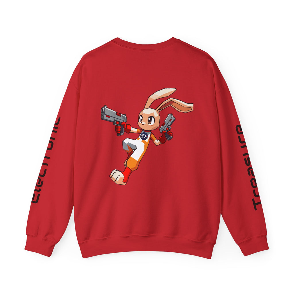 "Electronic Treasure" Embroidered Crewneck Sweater — Low Poly Rabbit Gunslinger Back Print | Unisex Long Sleeve