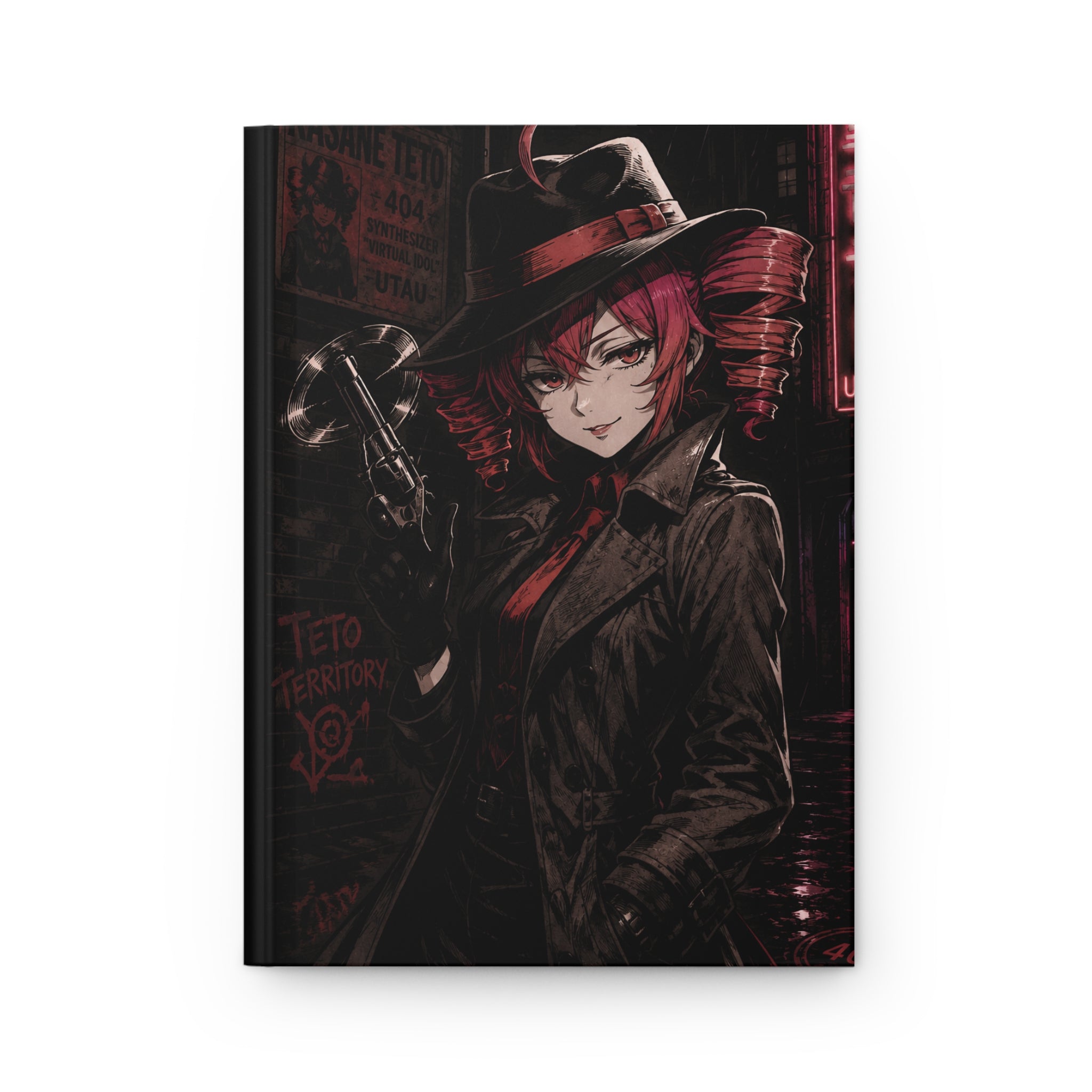 Crimson Gunslinger Hardcover Journal — Noir Detective Cover, Enzo the Rabbit Back | Electronic Treasure