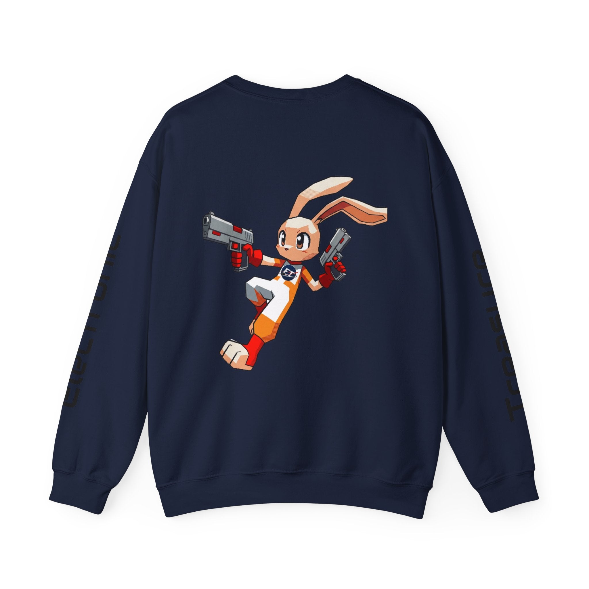 "Electronic Treasure" Embroidered Crewneck Sweater — Low Poly Rabbit Gunslinger Back Print | Unisex Long Sleeve