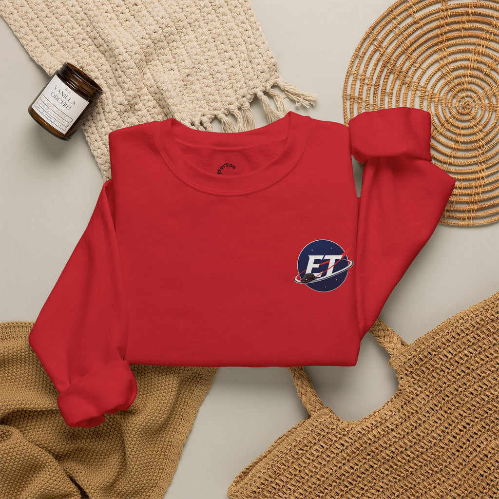 "Electronic Treasure" Embroidered Crewneck Sweater — Low Poly Rabbit Gunslinger Back Print | Unisex Long Sleeve
