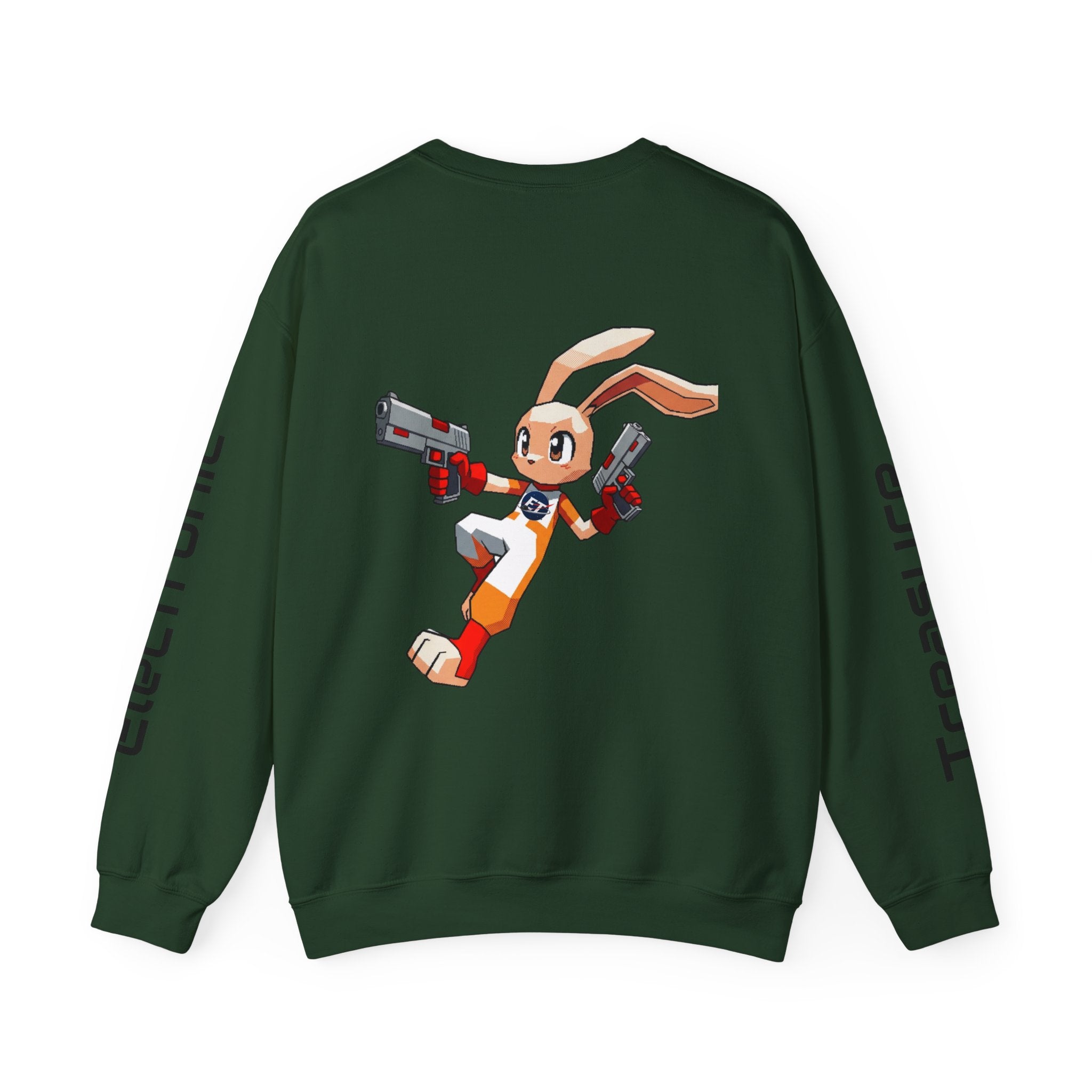 "Electronic Treasure" Embroidered Crewneck Sweater — Low Poly Rabbit Gunslinger Back Print | Unisex Long Sleeve