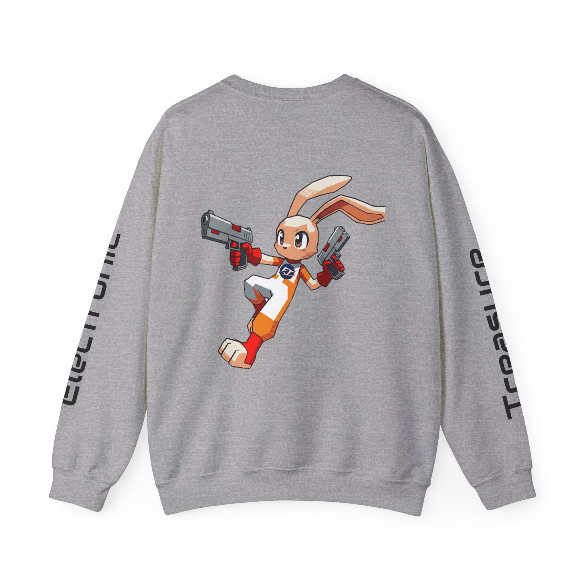 "Electronic Treasure" Embroidered Crewneck Sweater — Low Poly Rabbit Gunslinger Back Print | Unisex Long Sleeve