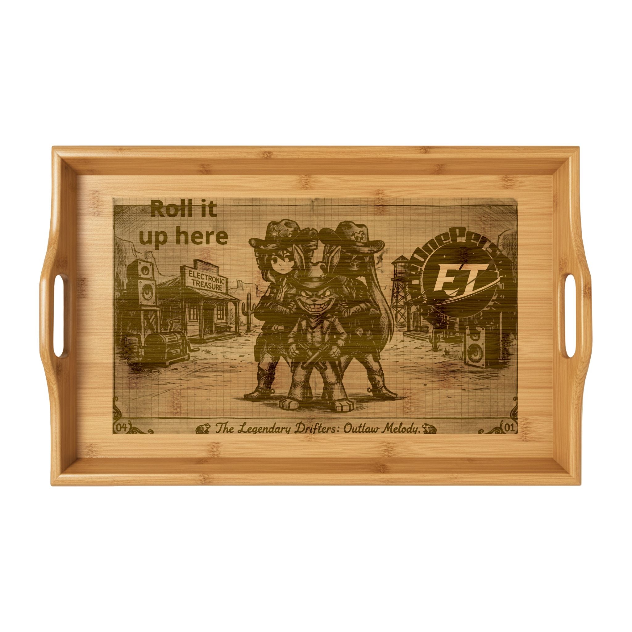 The Legendary Drifters: Outlaw Melody — Engraved Bamboo Rolling Tray | Electronic Treasure Western Anime Art | Stoner Gift | Smoke Tray
