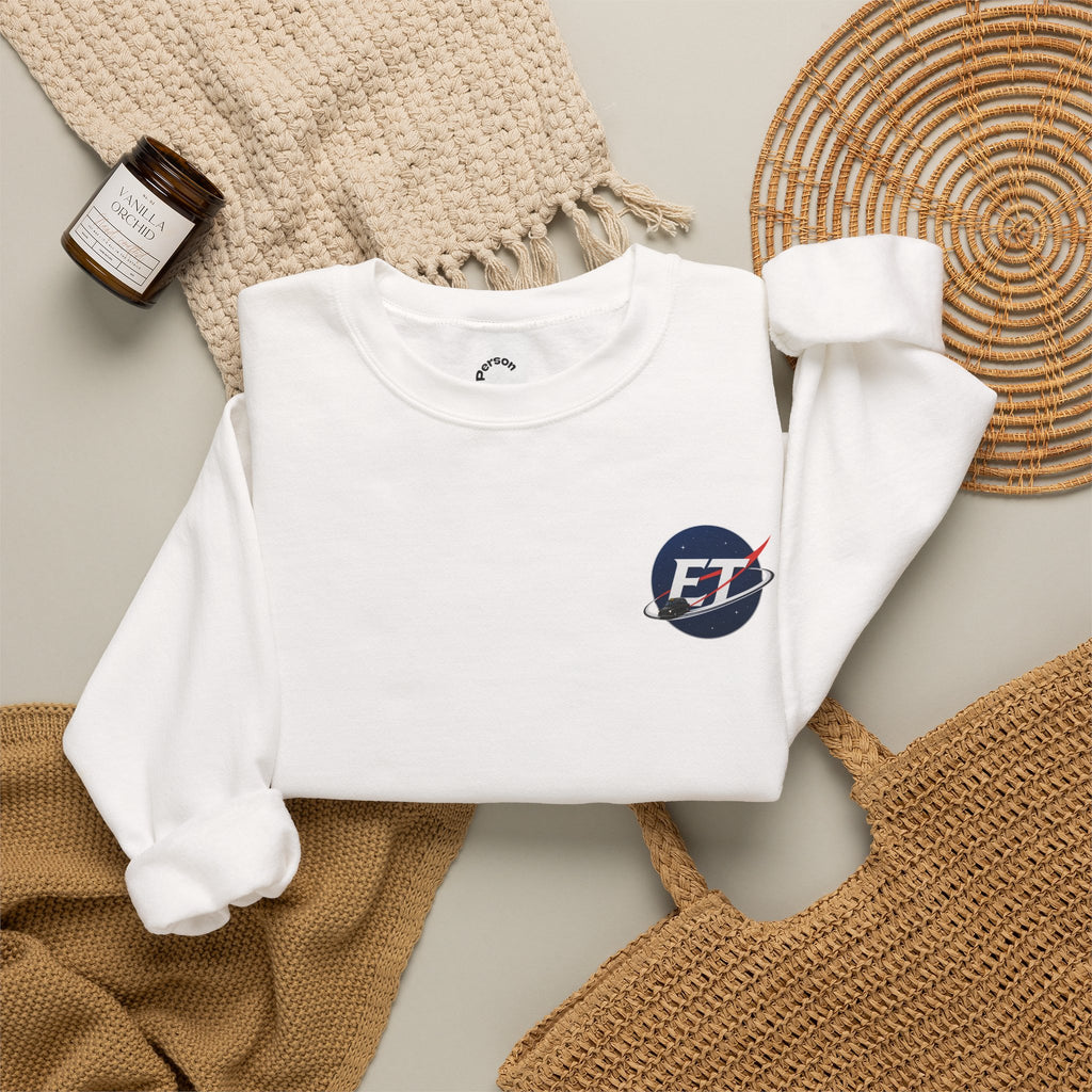 "Electronic Treasure" Embroidered Crewneck Sweater — Low Poly Rabbit Gunslinger Back Print | Unisex Long Sleeve