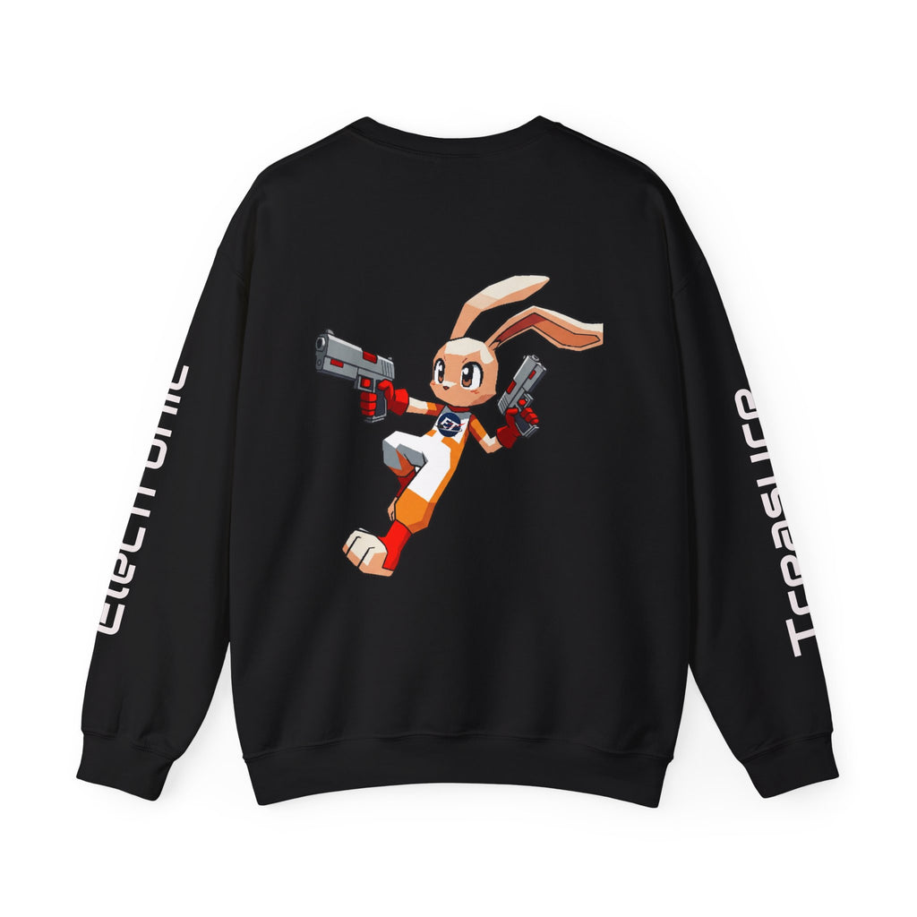 "Electronic Treasure" Embroidered Crewneck Sweater — Low Poly Rabbit Gunslinger Back Print | Unisex Long Sleeve