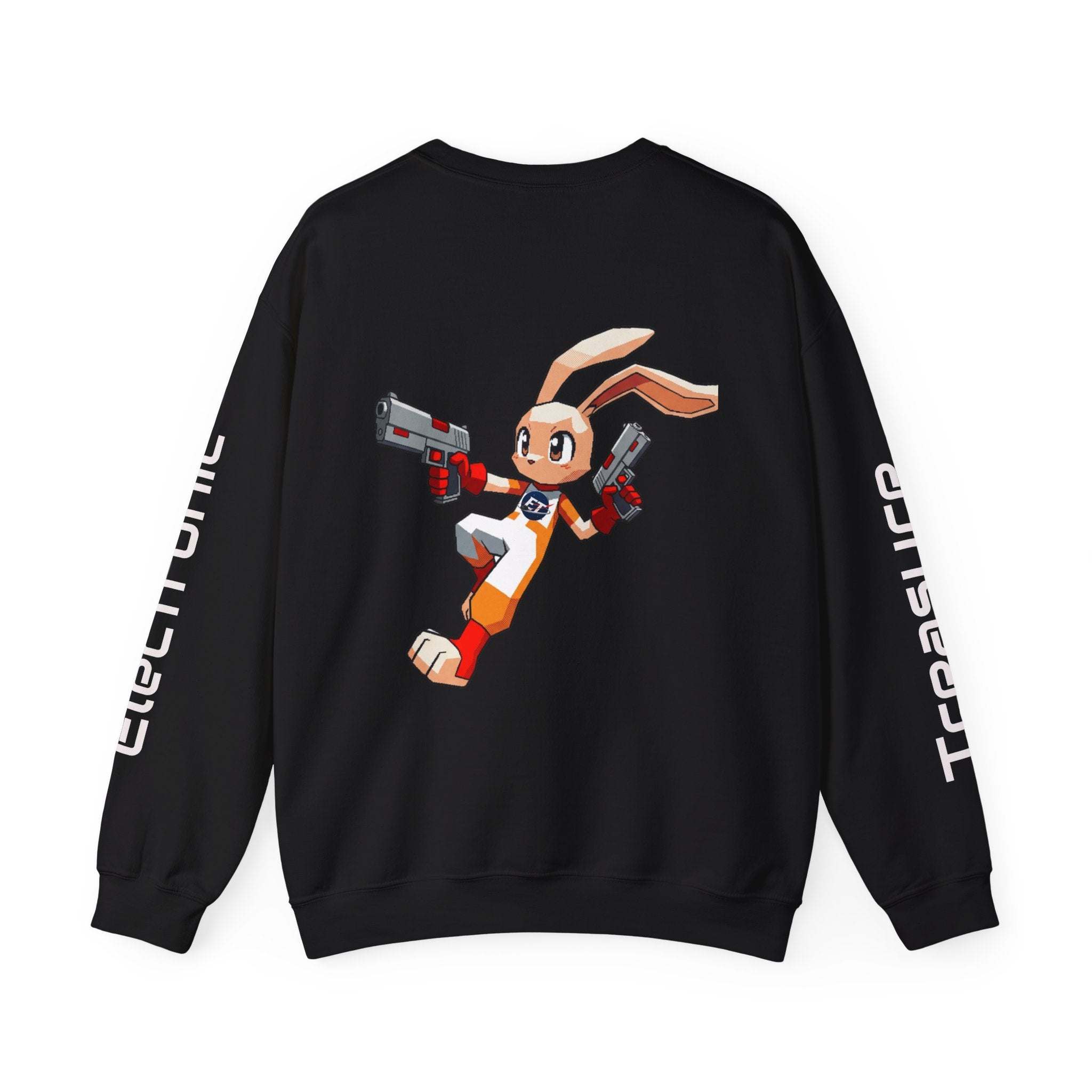 "Electronic Treasure" Embroidered Crewneck Sweater — Low Poly Rabbit Gunslinger Back Print | Unisex Long Sleeve