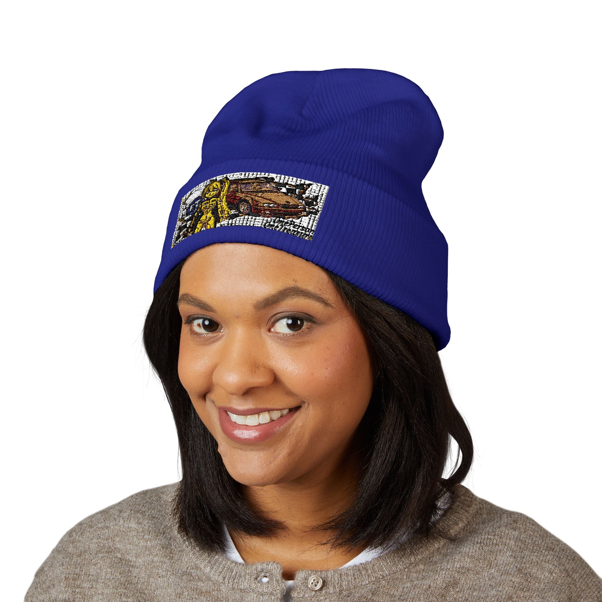 Yellow Haired Racer Embroidered Cuffed Beanie | Anime Racing Winter Hat | BMW Anime Streetwear Beanie | Vocaloid Car Club Knit Hat
