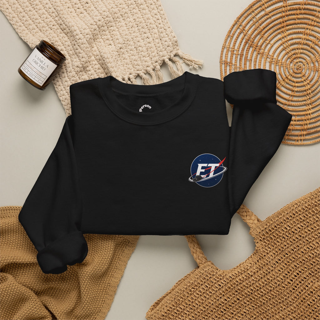 "Electronic Treasure" Embroidered Crewneck Sweater — Low Poly Rabbit Gunslinger Back Print | Unisex Long Sleeve