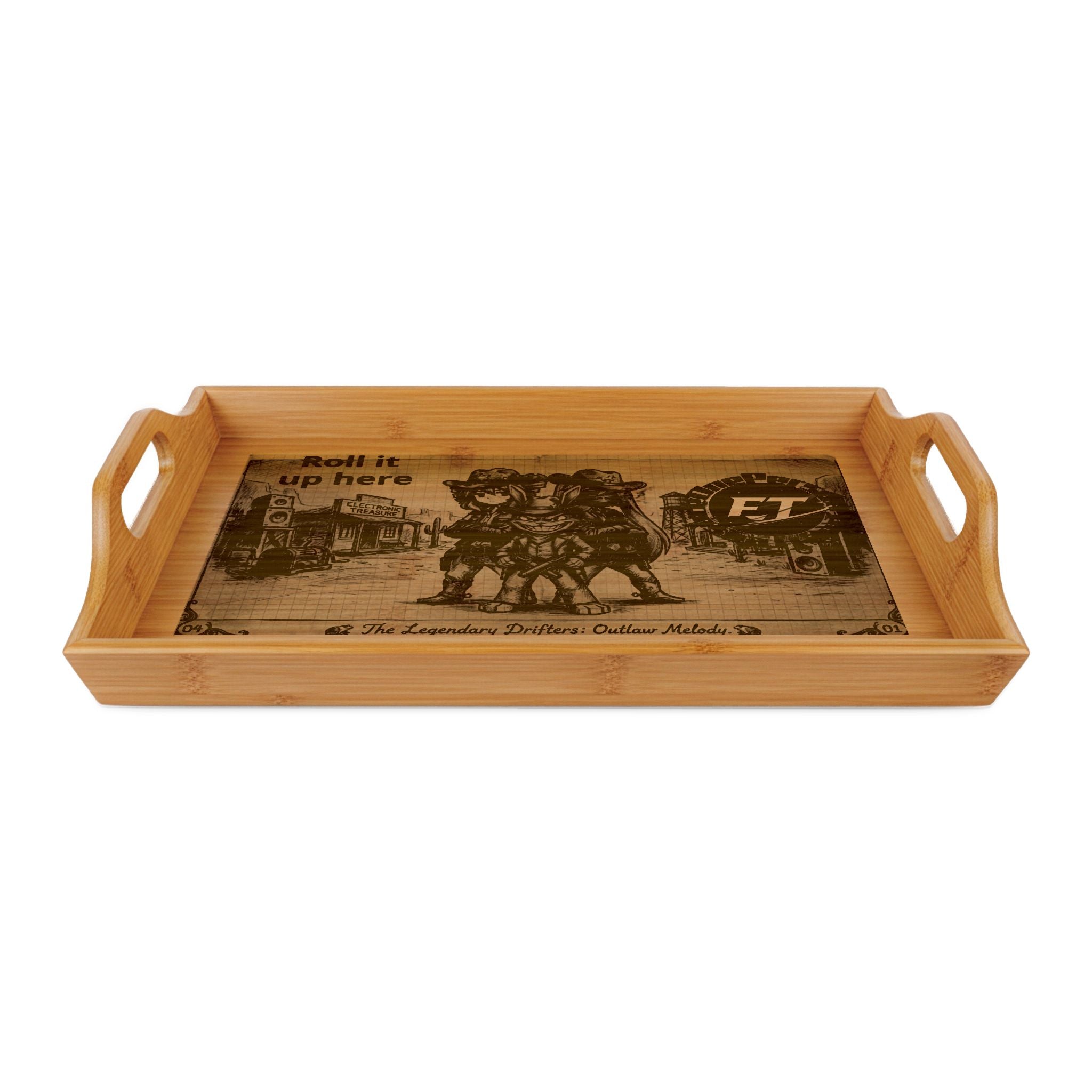 The Legendary Drifters: Outlaw Melody — Engraved Bamboo Rolling Tray | Electronic Treasure Western Anime Art | Stoner Gift | Smoke Tray