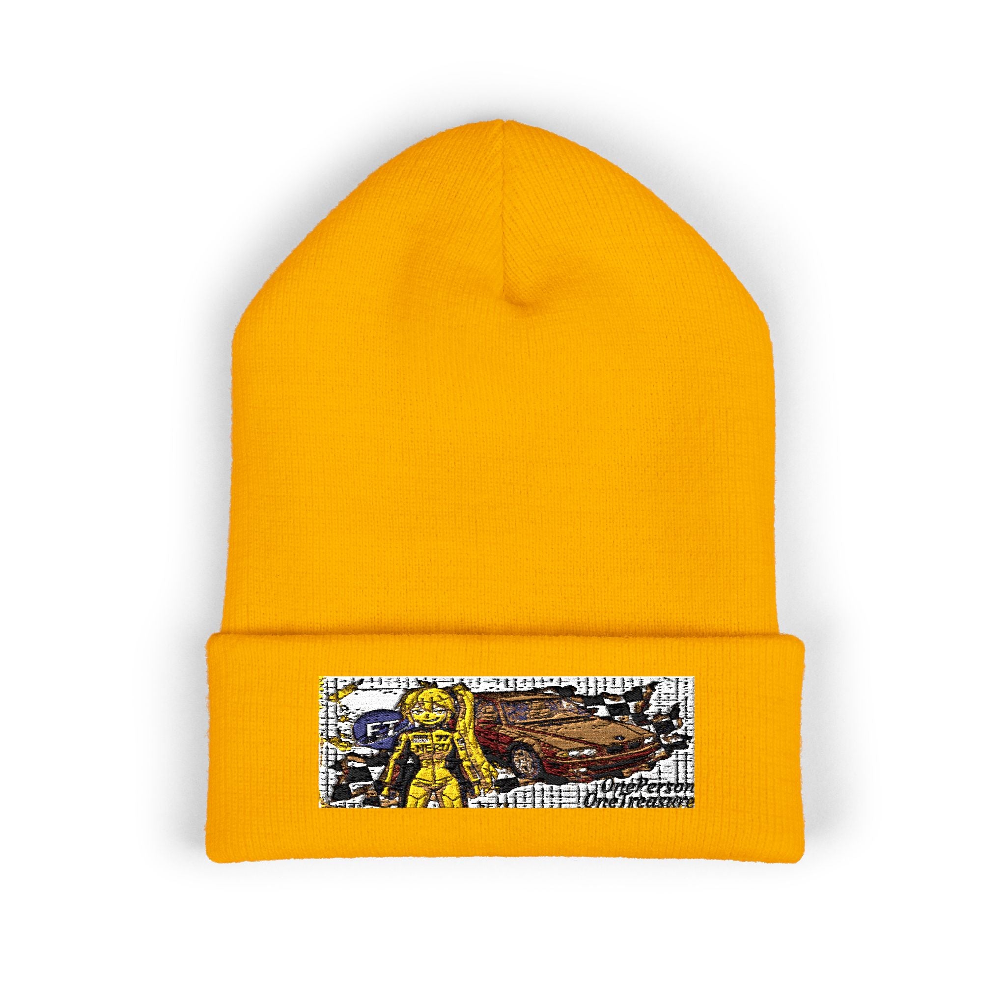 Yellow Haired Racer Embroidered Cuffed Beanie | Anime Racing Winter Hat | BMW Anime Streetwear Beanie | Vocaloid Car Club Knit Hat