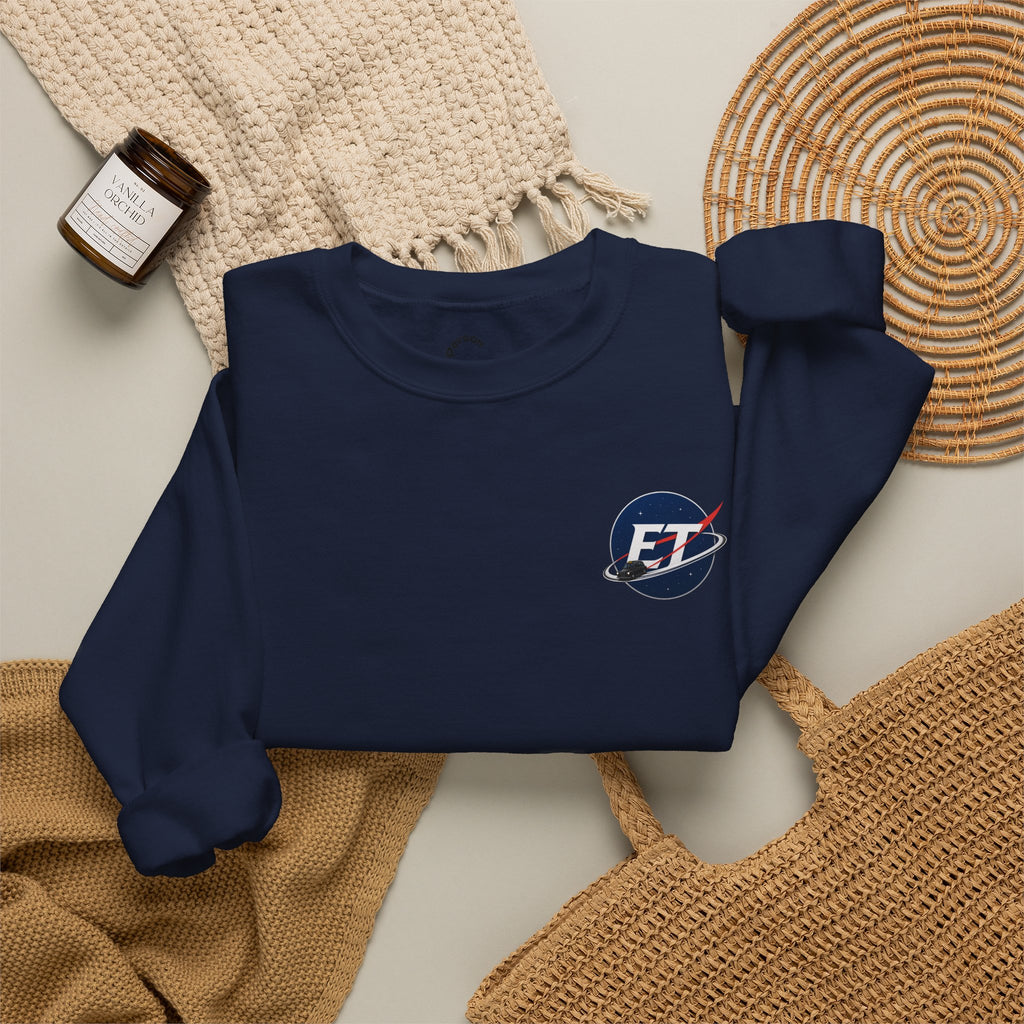 "Electronic Treasure" Embroidered Crewneck Sweater — Low Poly Rabbit Gunslinger Back Print | Unisex Long Sleeve