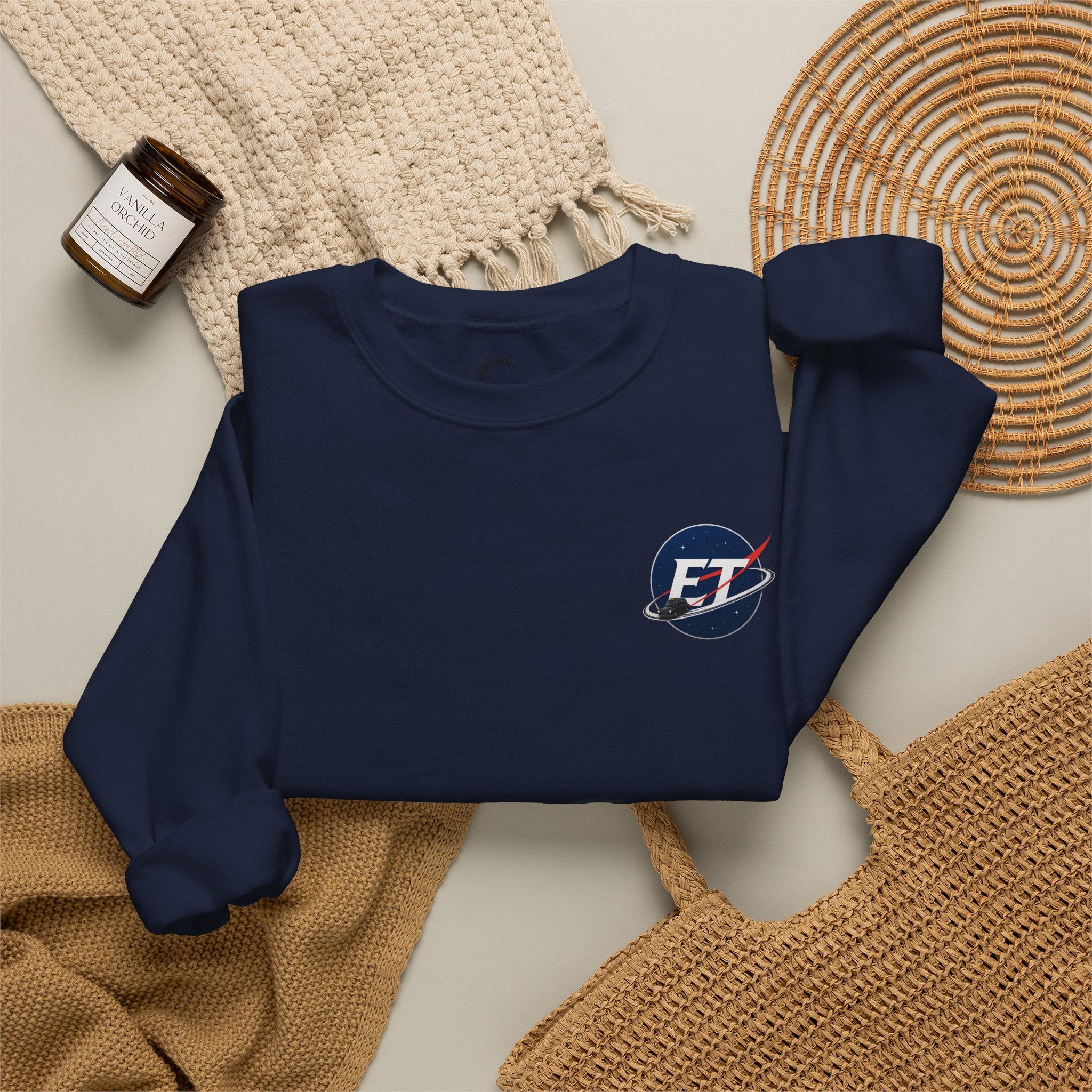 "Electronic Treasure" Embroidered Crewneck Sweater — Low Poly Rabbit Gunslinger Back Print | Unisex Long Sleeve