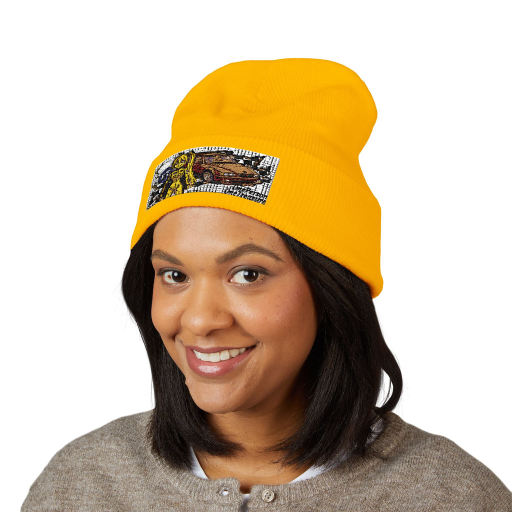 Yellow Haired Racer Embroidered Cuffed Beanie | Anime Racing Winter Hat | BMW Anime Streetwear Beanie | Vocaloid Car Club Knit Hat