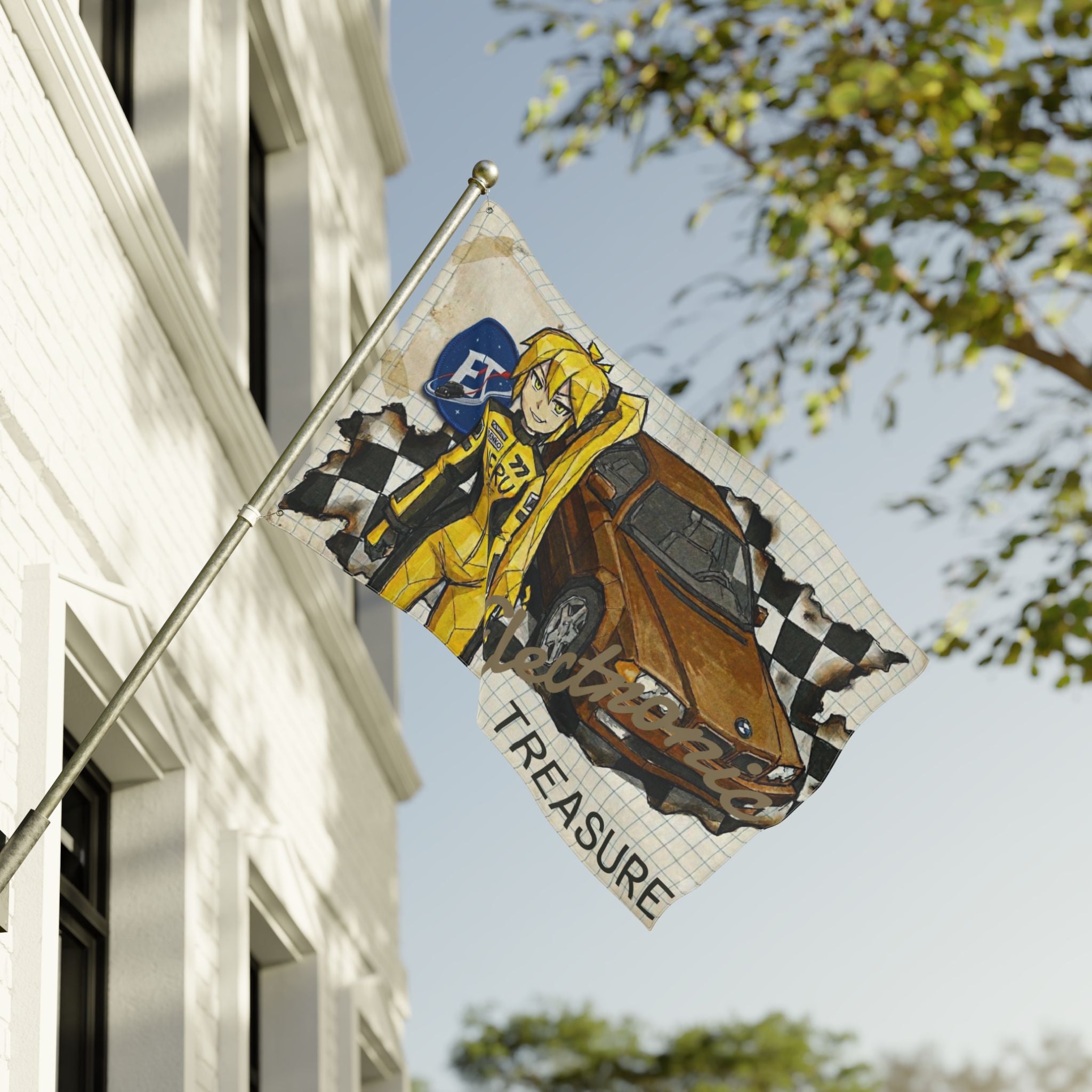 Yellow Haired Racer Double-Sided Flag | Anime Racing Wall Flag | Vocaloid Car Club Fan Banner | BMW Anime Room Decor