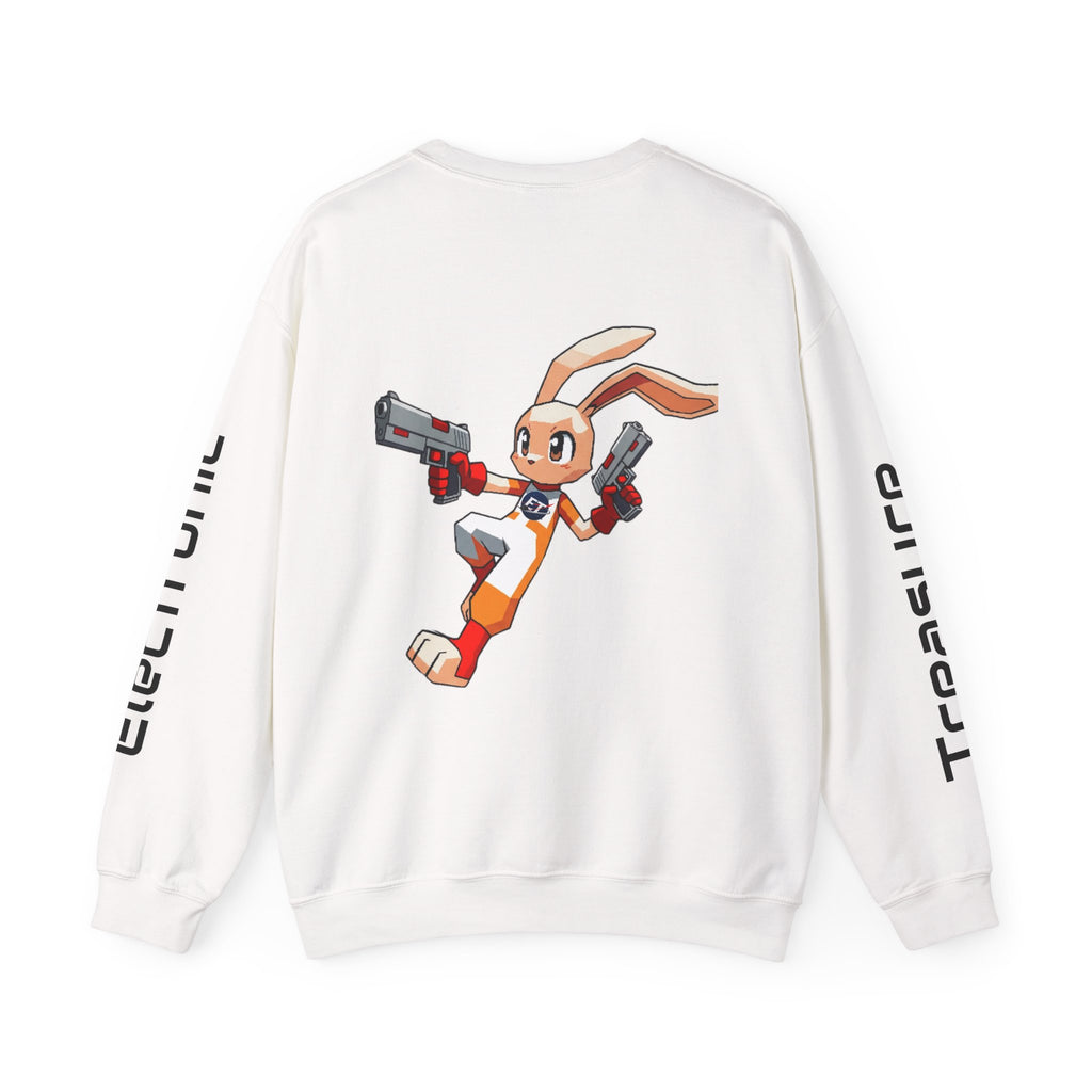 "Electronic Treasure" Embroidered Crewneck Sweater — Low Poly Rabbit Gunslinger Back Print | Unisex Long Sleeve