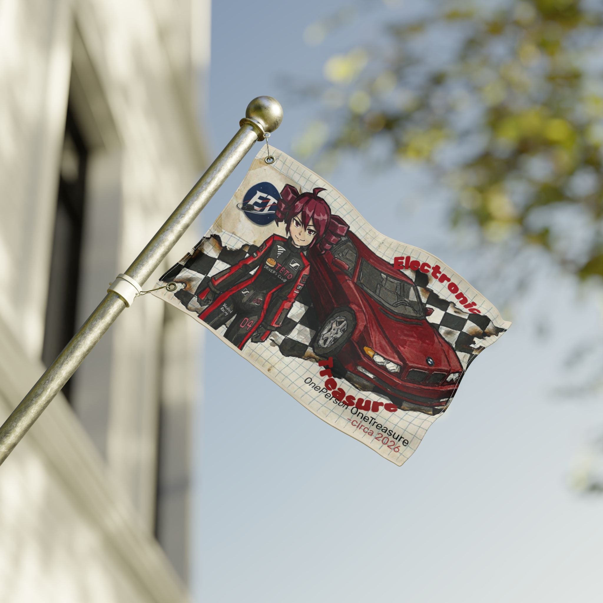 Red Haired Racer Double-Sided Flag | Anime Racing Wall Flag | Vocaloid Car Club Fan Banner | JDM Anime Room Decor