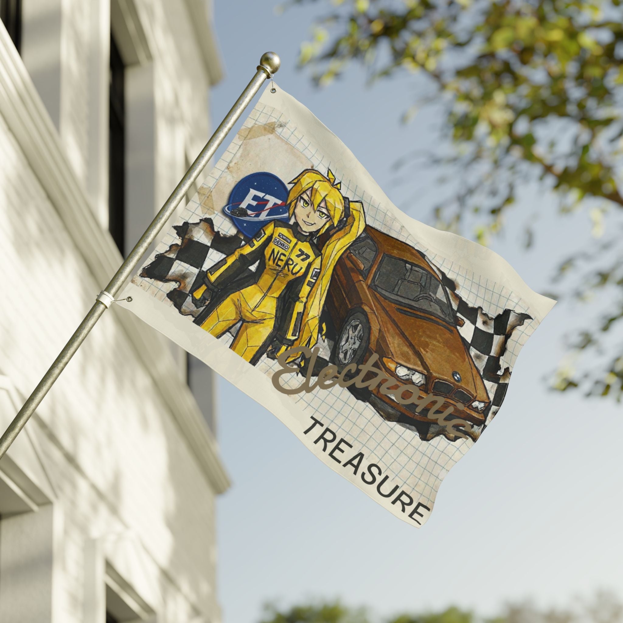 Yellow Haired Racer Double-Sided Flag | Anime Racing Wall Flag | Vocaloid Car Club Fan Banner | BMW Anime Room Decor
