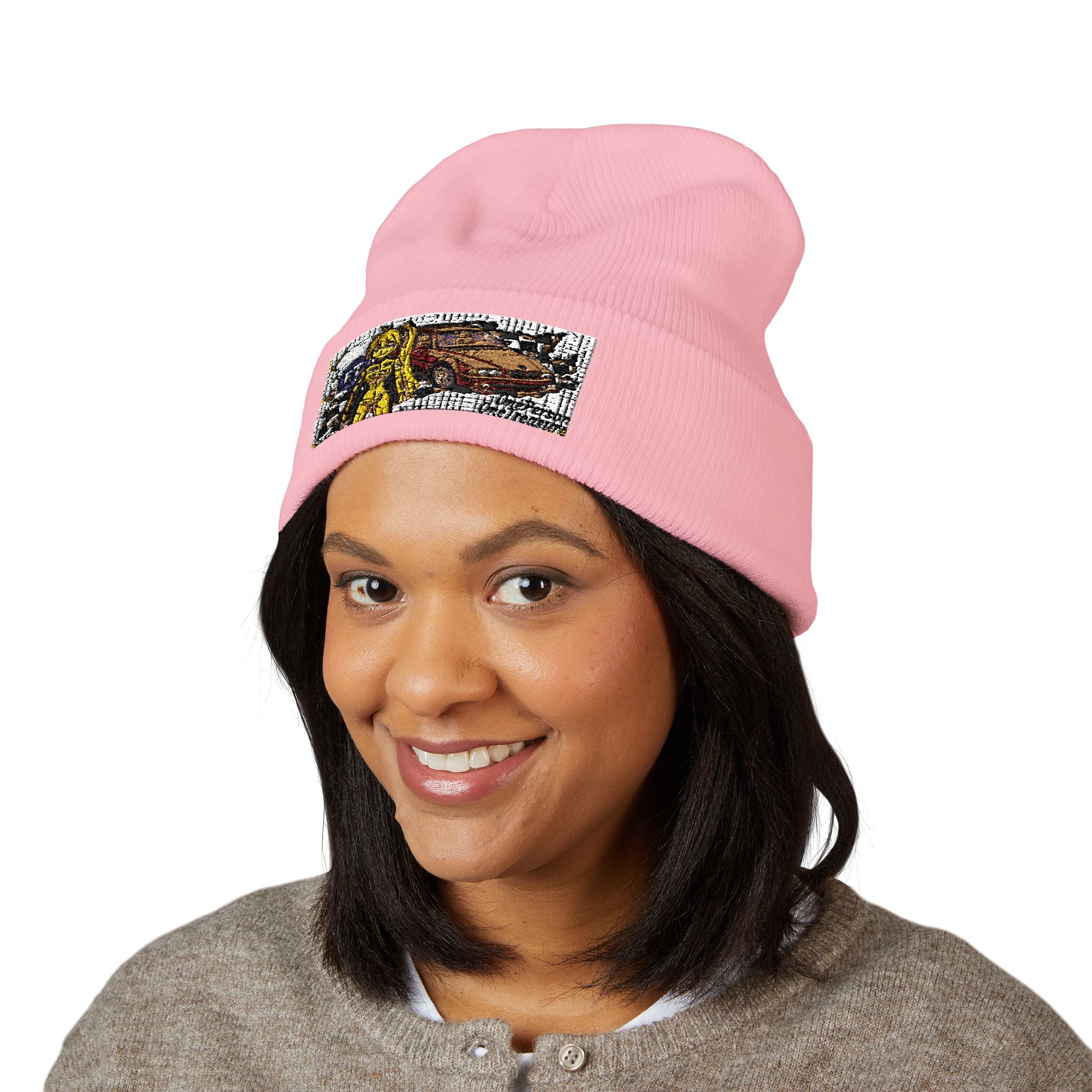 Yellow Haired Racer Embroidered Cuffed Beanie | Anime Racing Winter Hat | BMW Anime Streetwear Beanie | Vocaloid Car Club Knit Hat