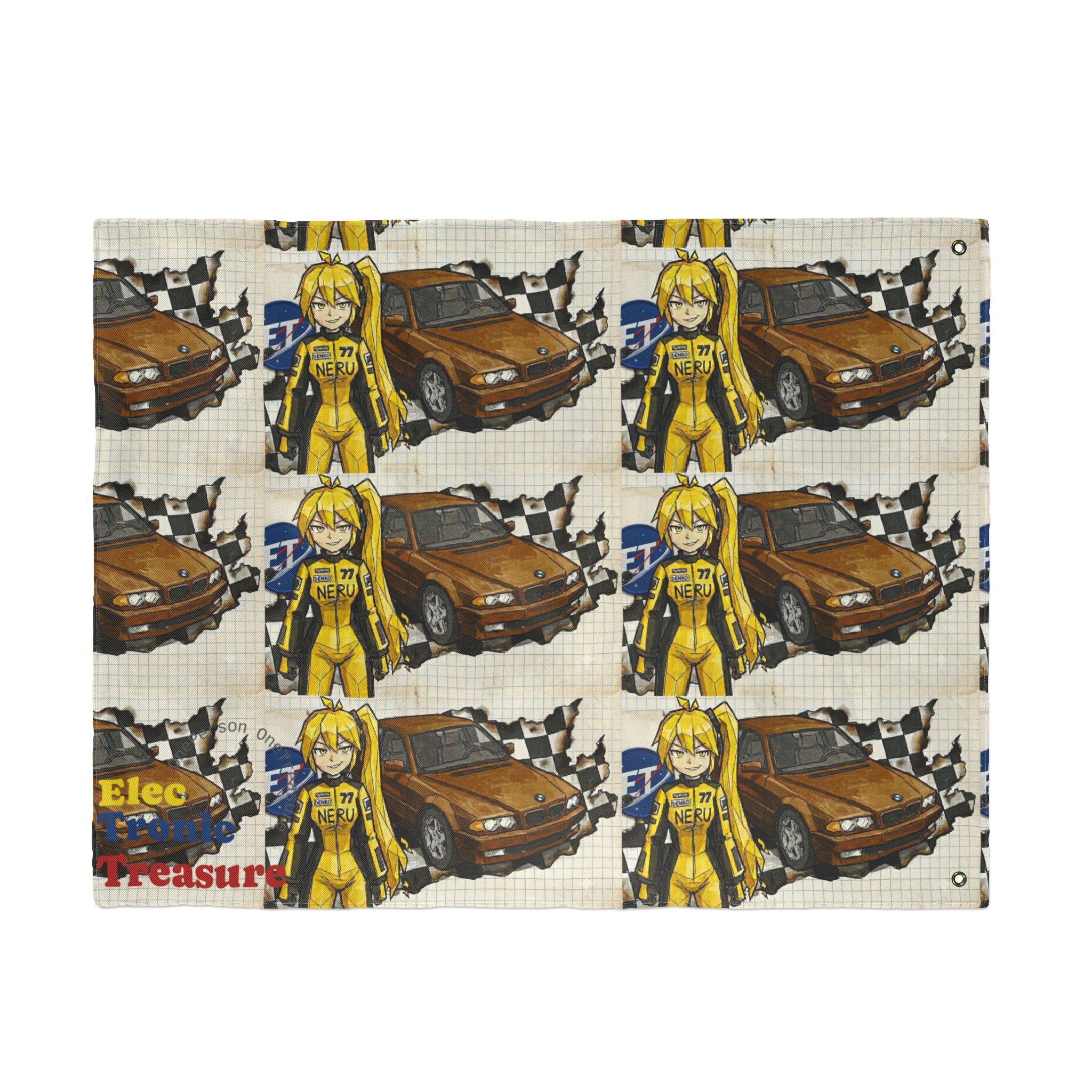 Yellow Haired Racer Double-Sided Flag | Anime Racing Wall Flag | Vocaloid Car Club Fan Banner | BMW Anime Room Decor