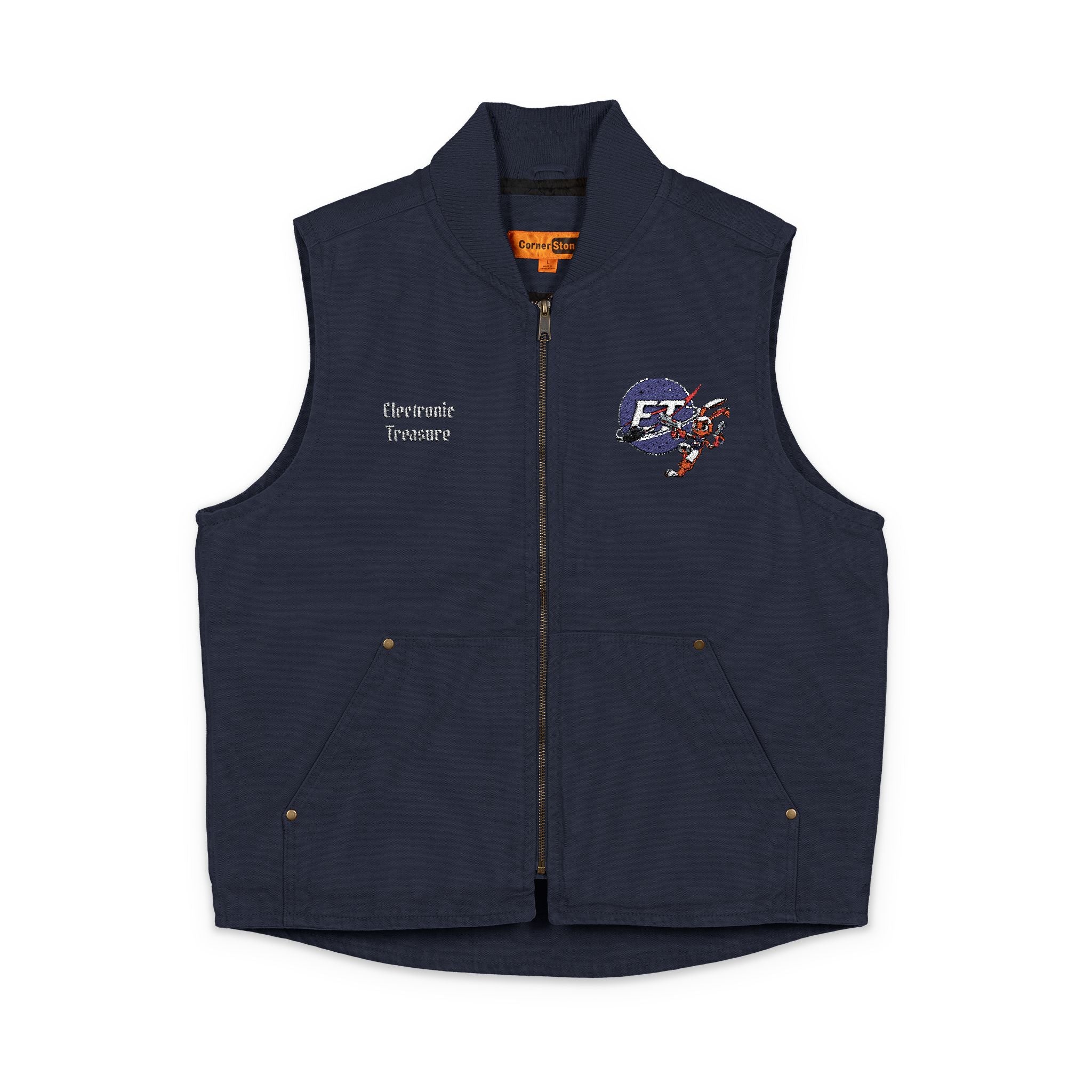 Electronic Treasure x CornerStone Washed Duck Cloth Vest | Custom Embroidered Enzo Mascot | Personalized Workwear Streetwear Vest | Anime Work Vest
