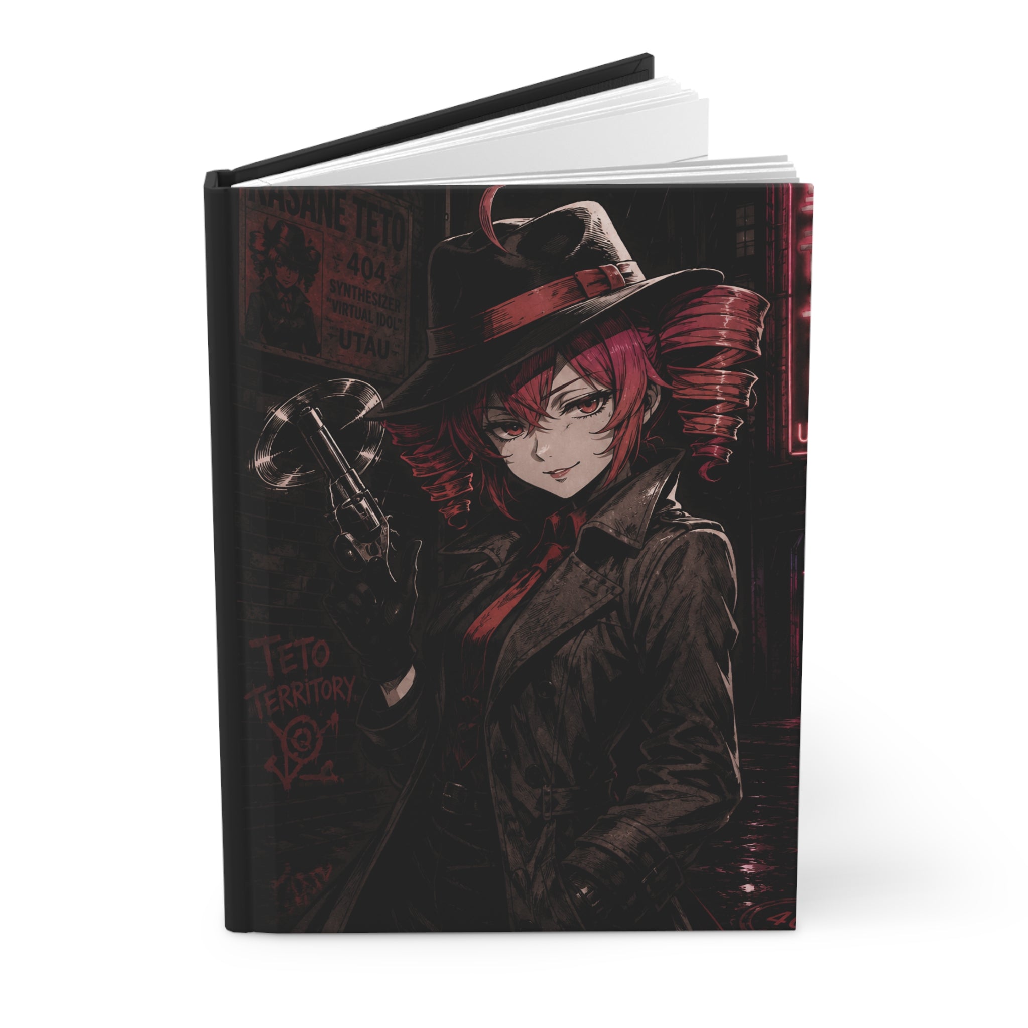 Crimson Gunslinger Hardcover Journal — Noir Detective Cover, Enzo the Rabbit Back | Electronic Treasure