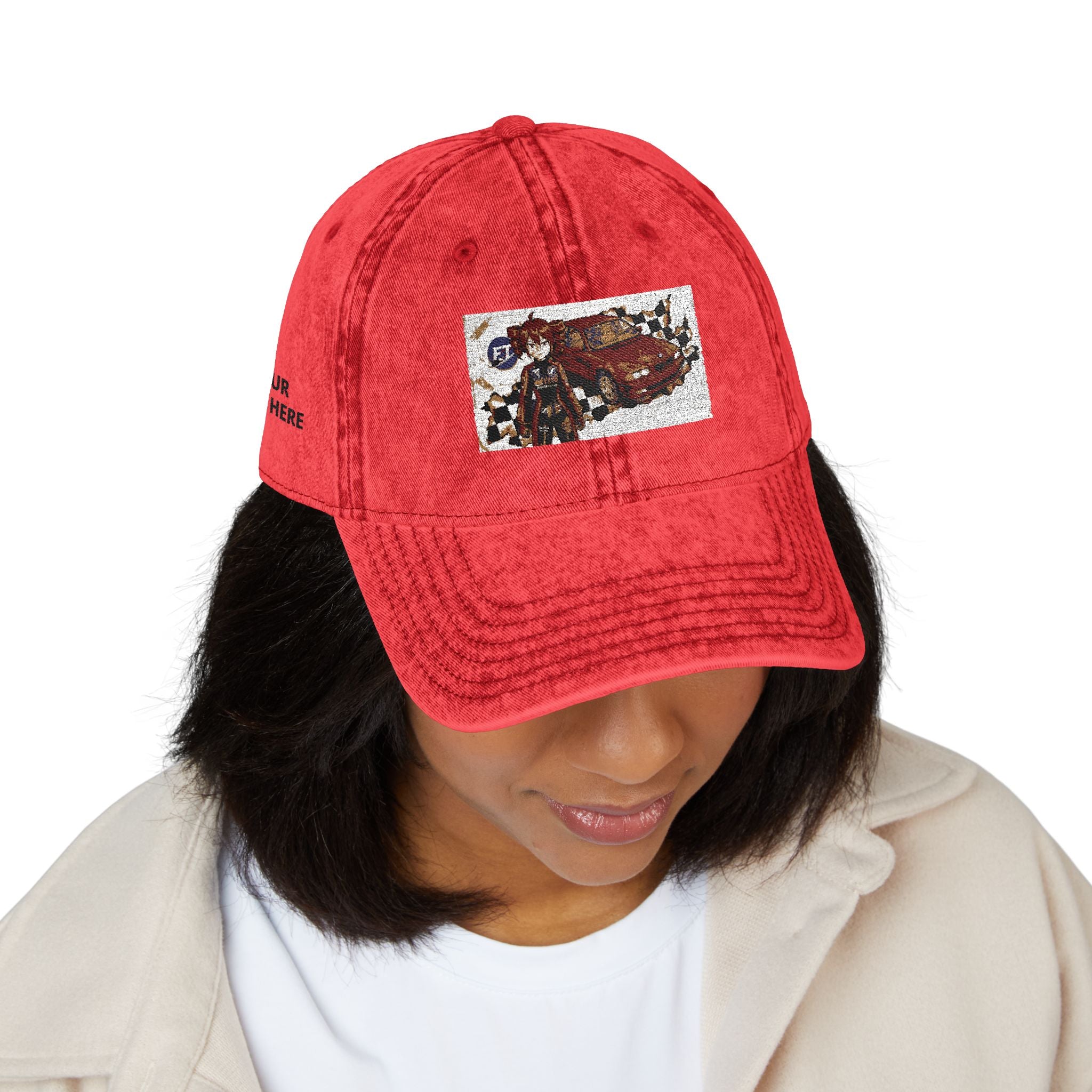 Red Haired Racer Vintage Embroidered Hat | Anime Racing Dad Cap | BMW Anime Washed Cap | Vocaloid Car Club Baseball Hat