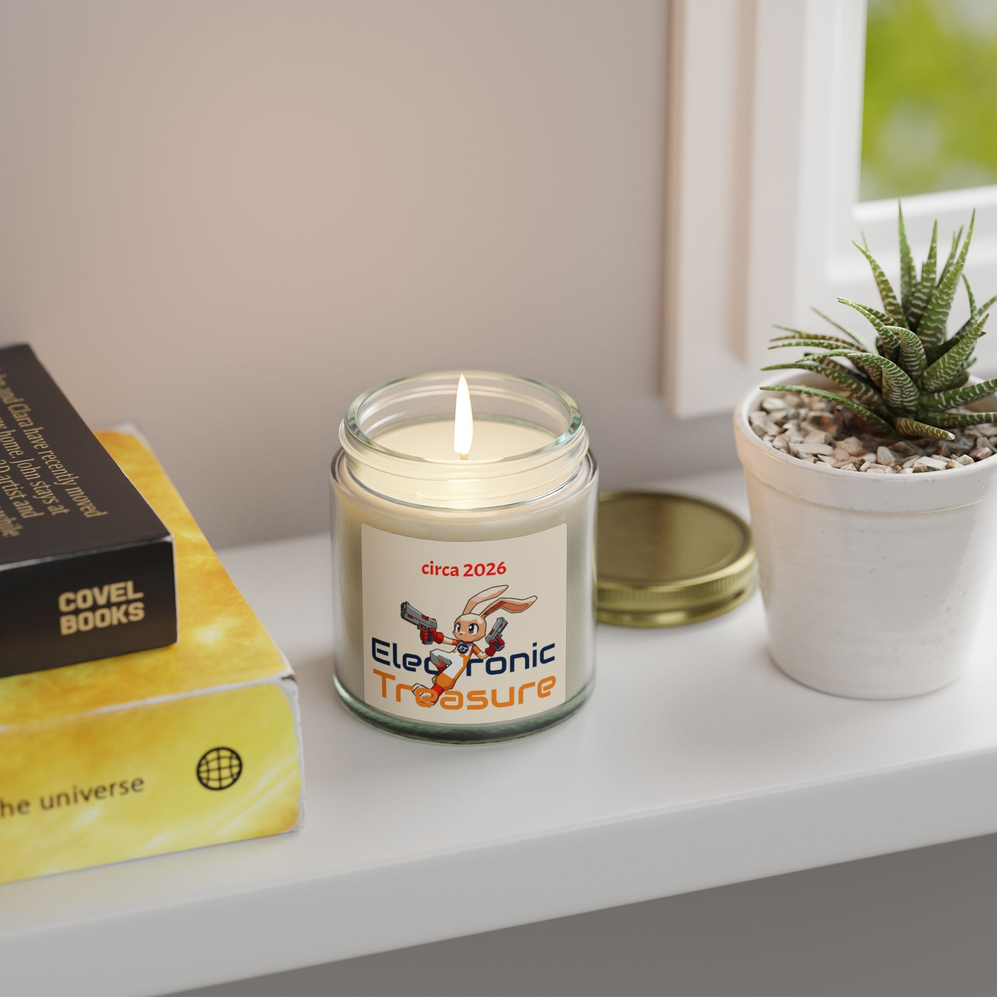 Electronic Treasure Candle — Coconut Apricot | "circa 2026" Low Poly Rabbit Gunslinger Jar Candle