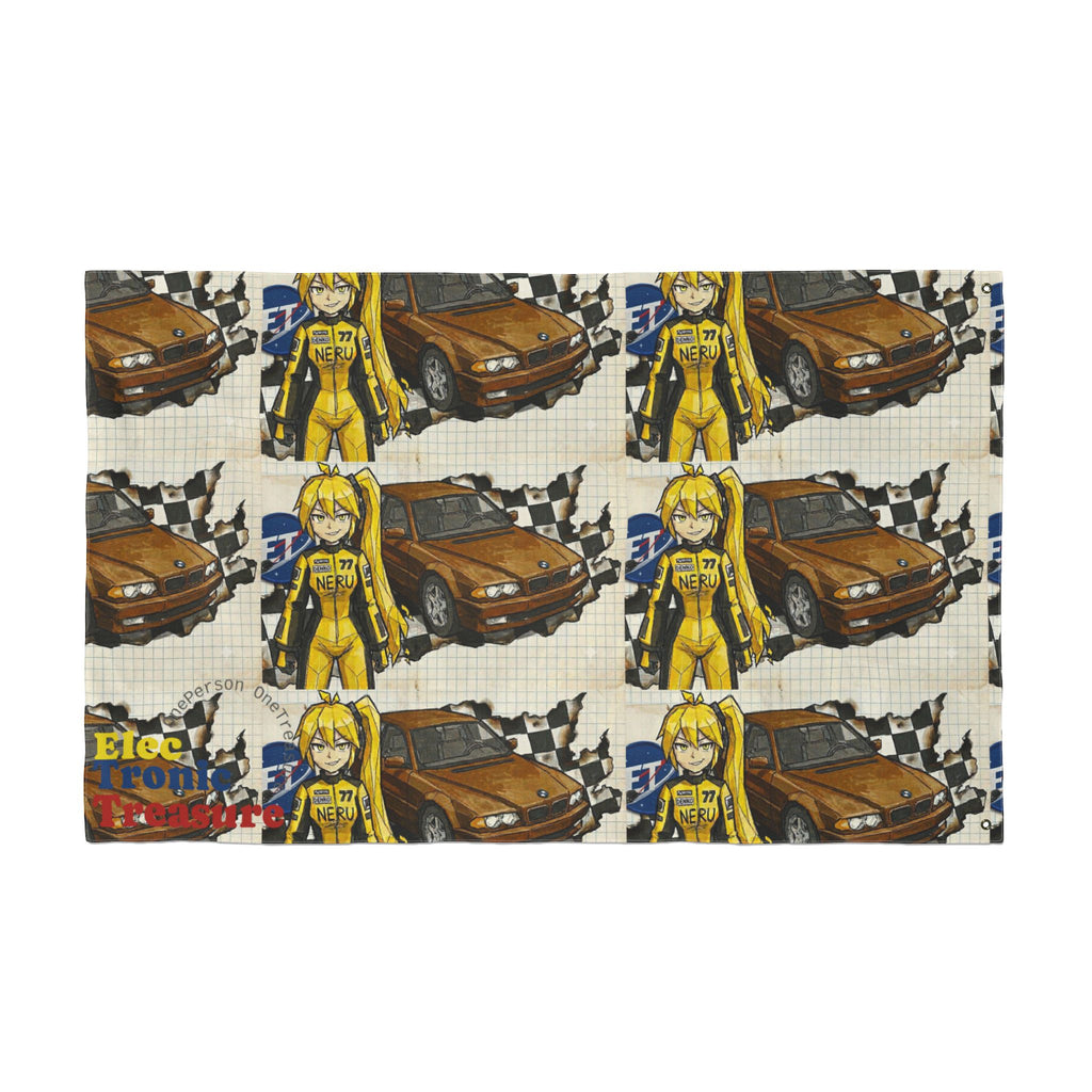 Yellow Haired Racer Double-Sided Flag | Anime Racing Wall Flag | Vocaloid Car Club Fan Banner | BMW Anime Room Decor