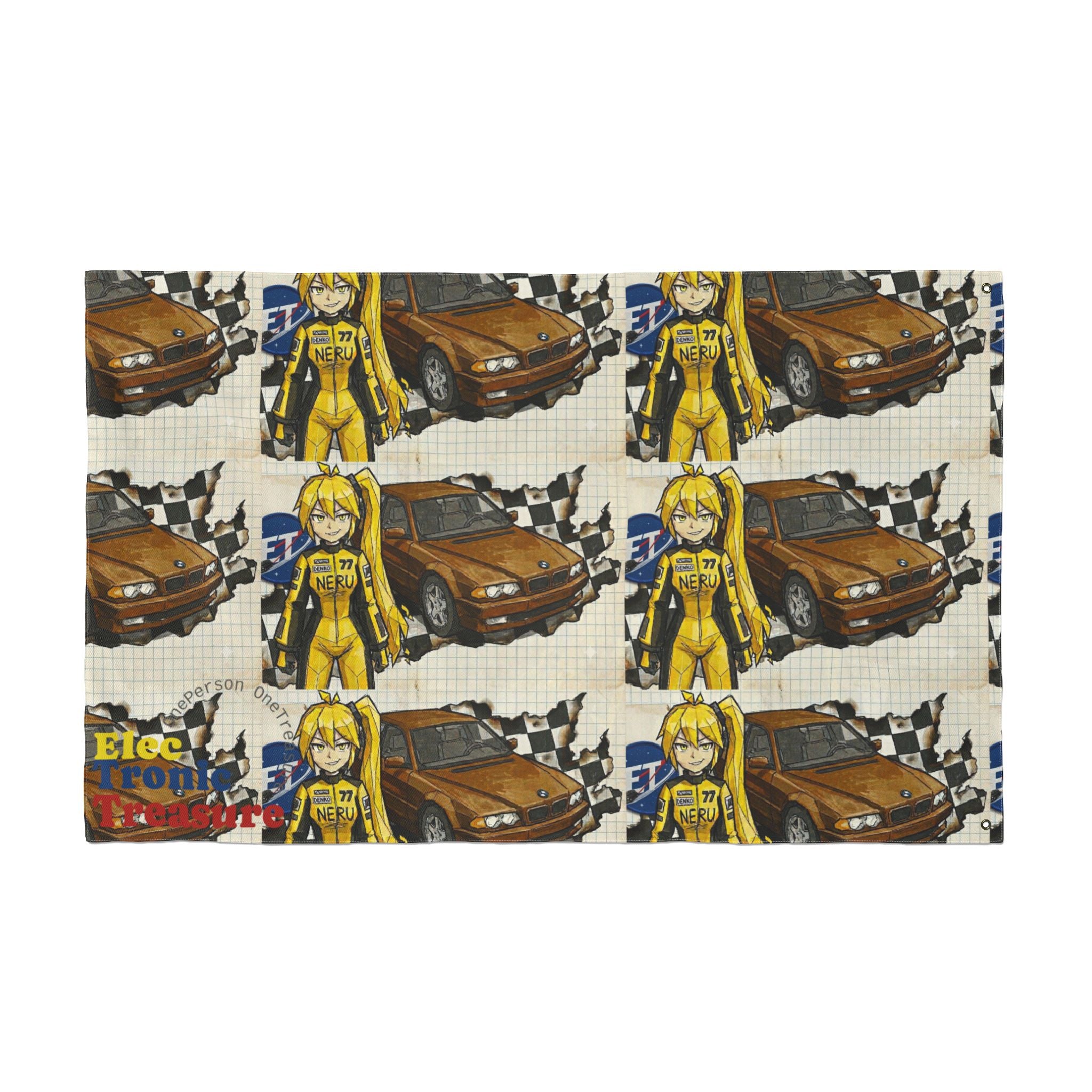 Yellow Haired Racer Double-Sided Flag | Anime Racing Wall Flag | Vocaloid Car Club Fan Banner | BMW Anime Room Decor