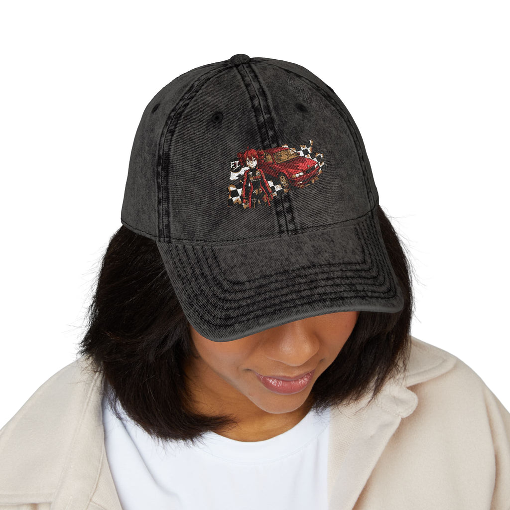 Red Haired Racer Vintage Embroidered Hat | Anime Racing Dad Cap | BMW Anime Washed Cap | Vocaloid Car Club Baseball Hat