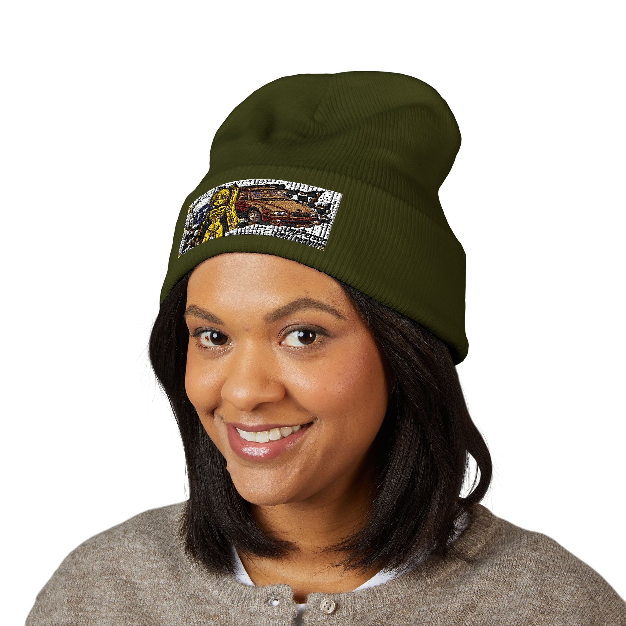 Yellow Haired Racer Embroidered Cuffed Beanie | Anime Racing Winter Hat | BMW Anime Streetwear Beanie | Vocaloid Car Club Knit Hat