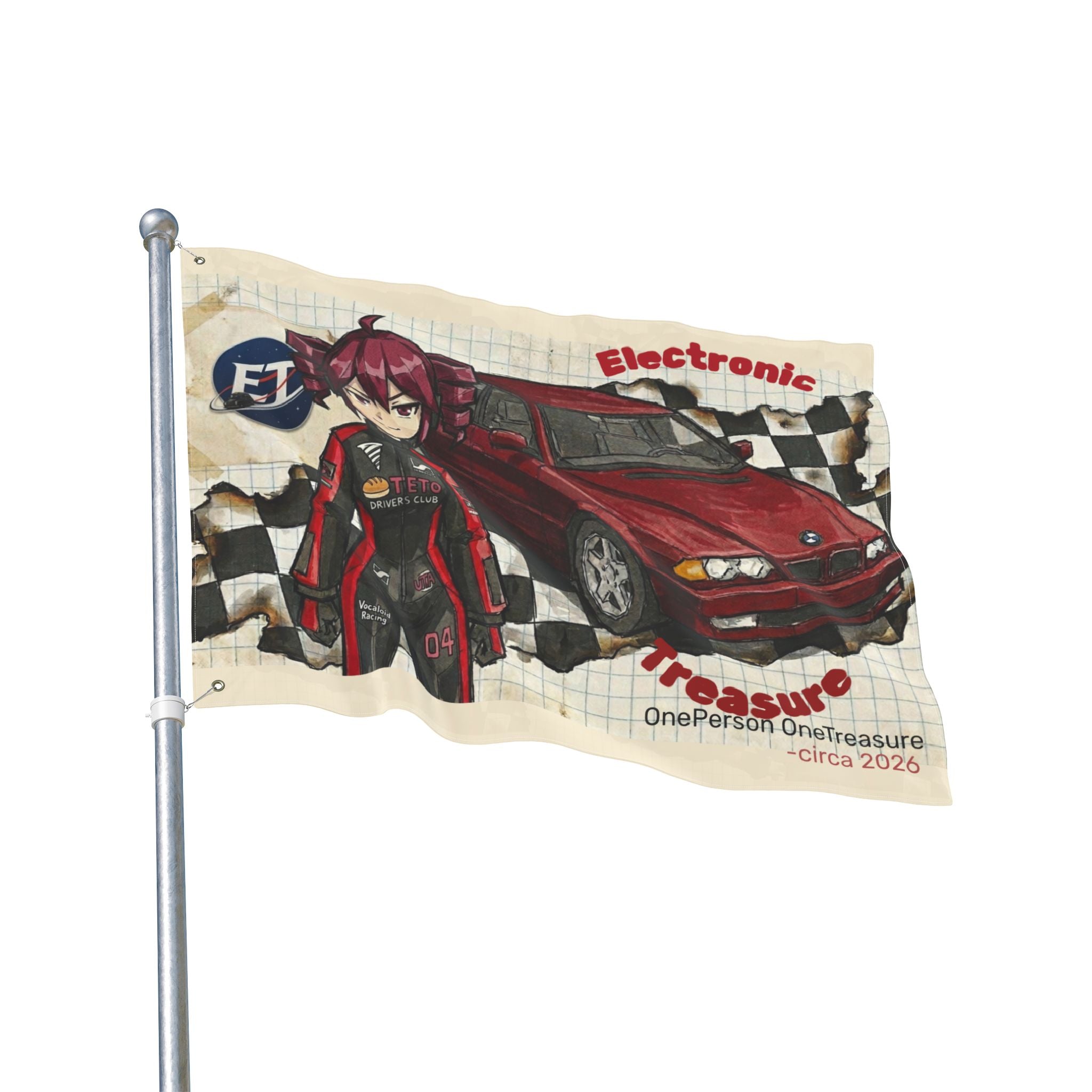 Red Haired Racer Double-Sided Flag | Anime Racing Wall Flag | Vocaloid Car Club Fan Banner | JDM Anime Room Decor