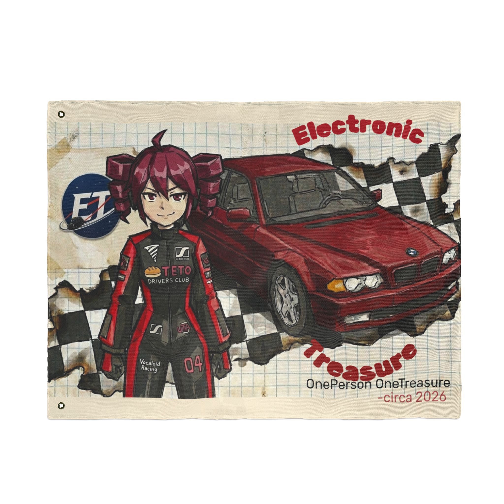 Red Haired Racer Double-Sided Flag | Anime Racing Wall Flag | Vocaloid Car Club Fan Banner | JDM Anime Room Decor