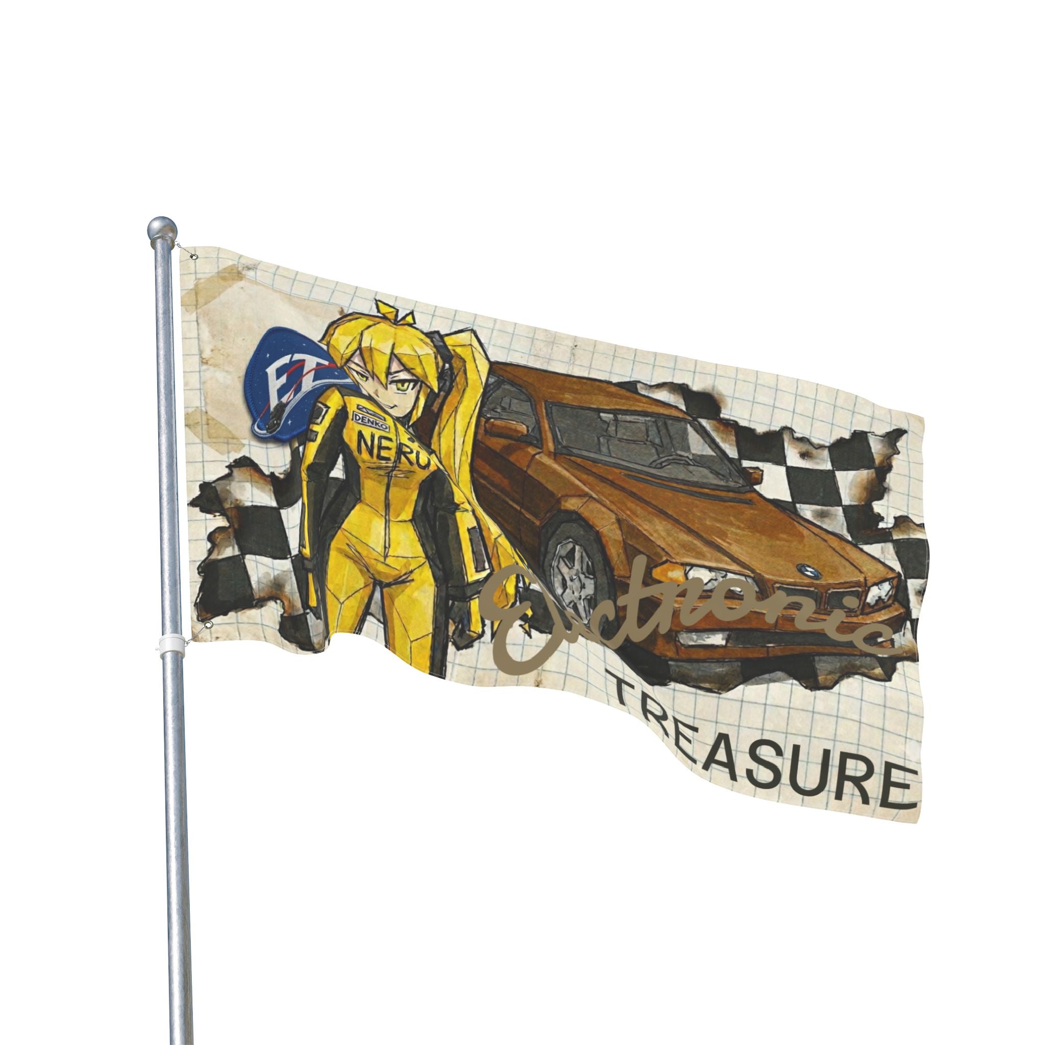 Yellow Haired Racer Double-Sided Flag | Anime Racing Wall Flag | Vocaloid Car Club Fan Banner | BMW Anime Room Decor