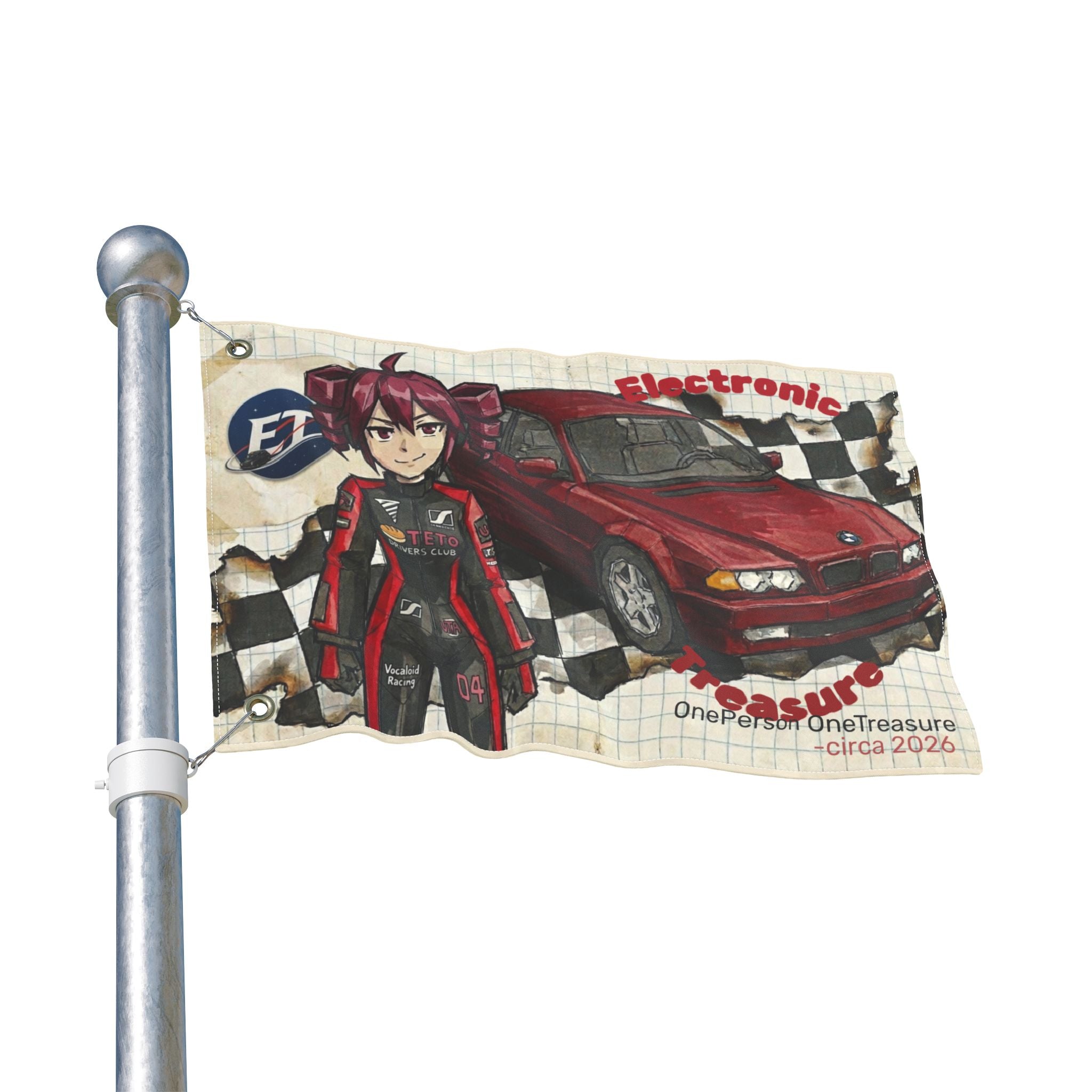 Red Haired Racer Double-Sided Flag | Anime Racing Wall Flag | Vocaloid Car Club Fan Banner | JDM Anime Room Decor