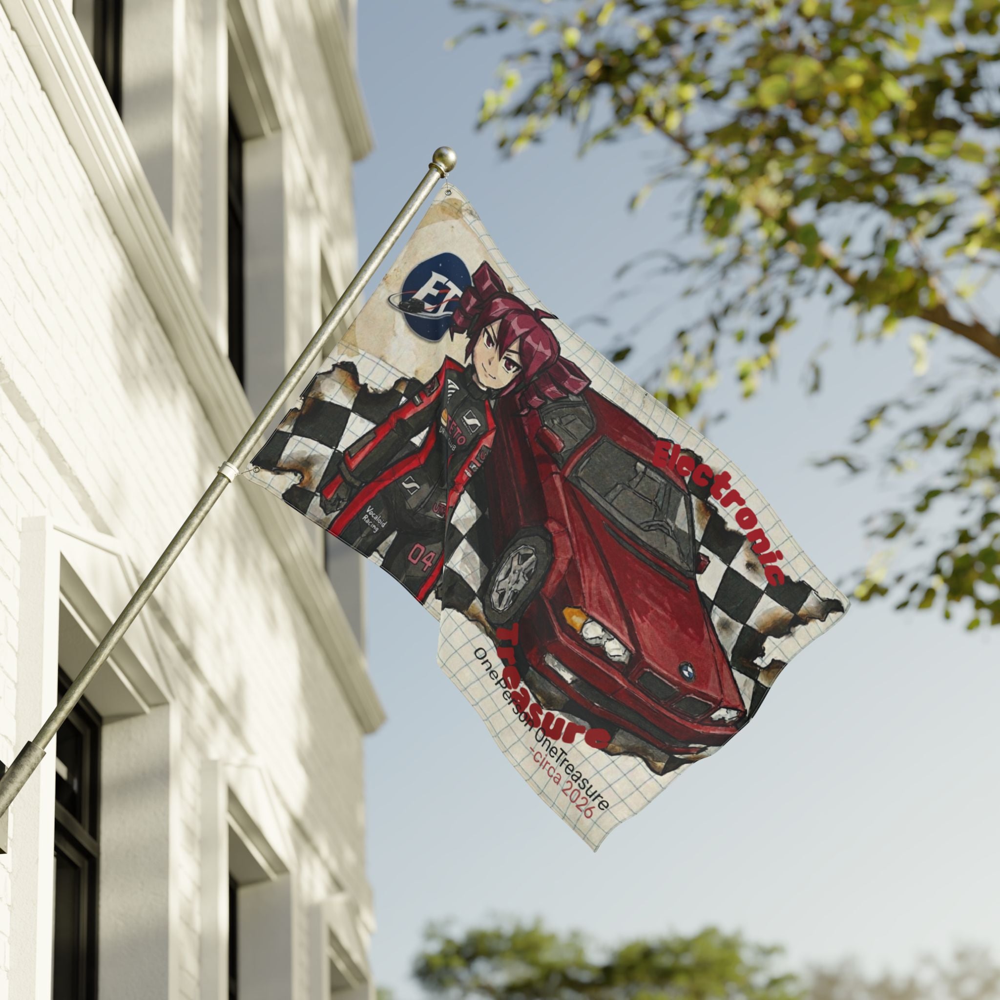Red Haired Racer Double-Sided Flag | Anime Racing Wall Flag | Vocaloid Car Club Fan Banner | JDM Anime Room Decor