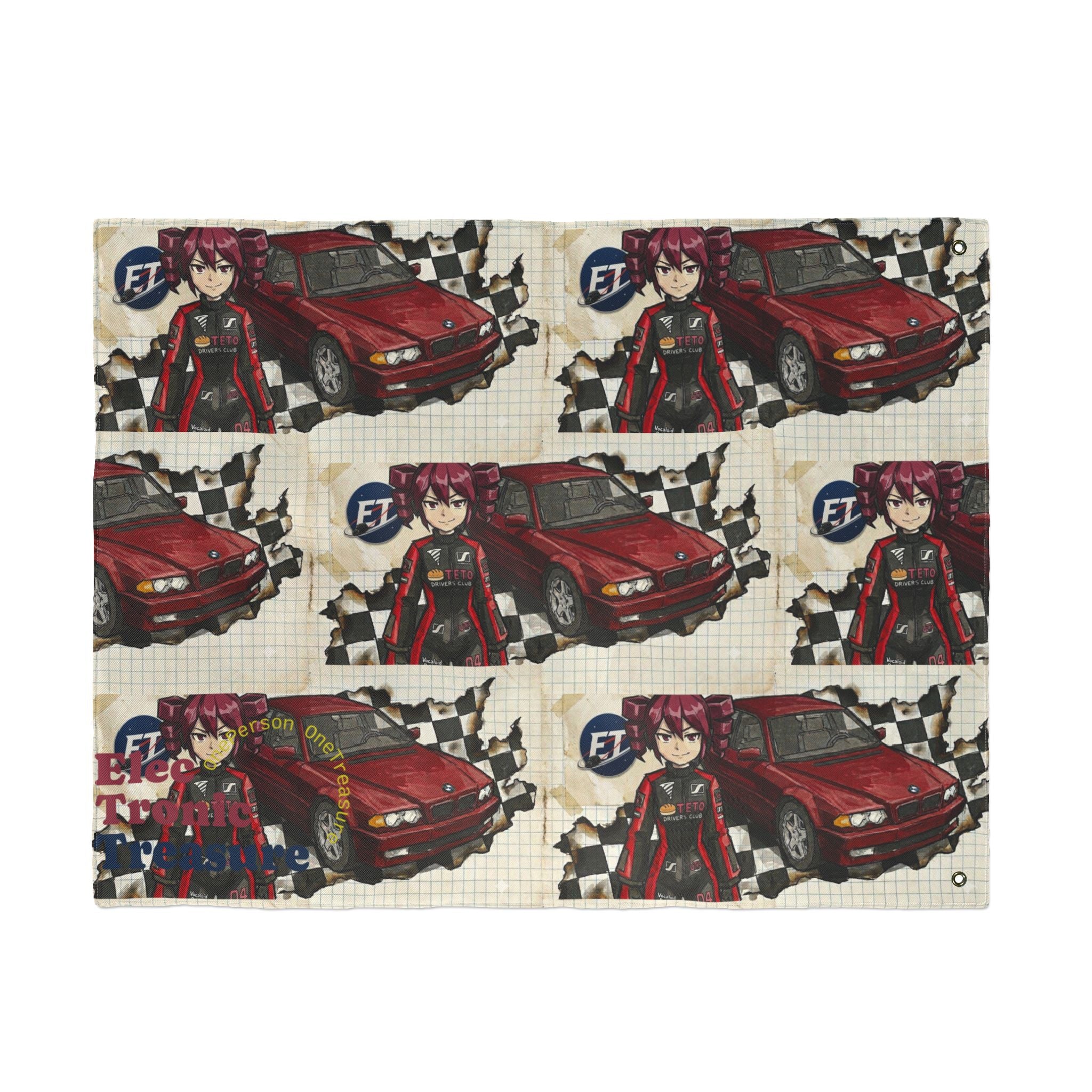 Red Haired Racer Double-Sided Flag | Anime Racing Wall Flag | Vocaloid Car Club Fan Banner | JDM Anime Room Decor