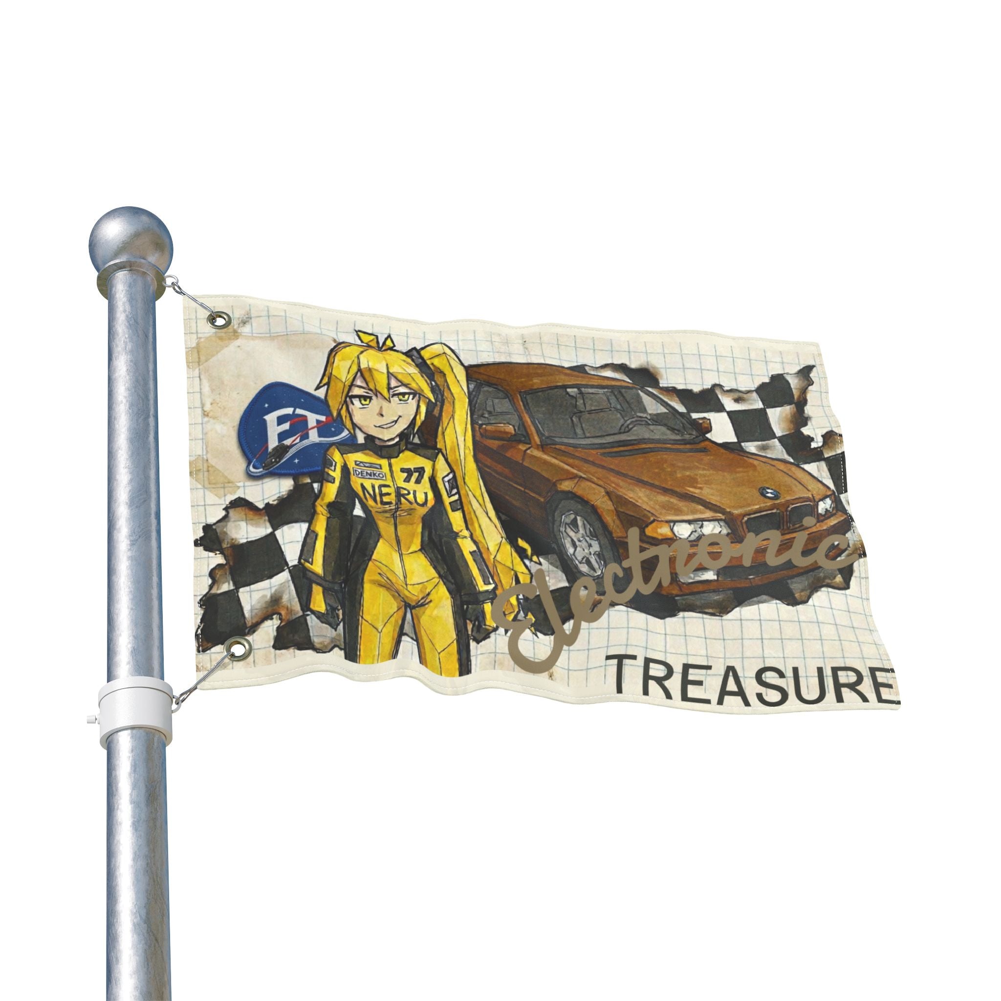 Yellow Haired Racer Double-Sided Flag | Anime Racing Wall Flag | Vocaloid Car Club Fan Banner | BMW Anime Room Decor