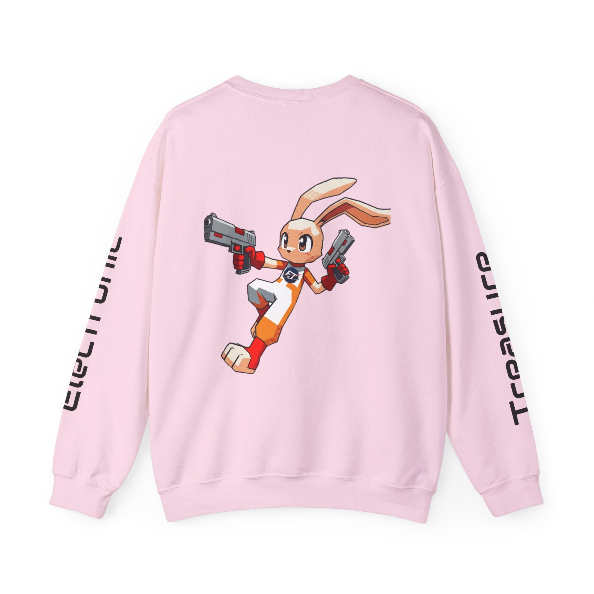 "Electronic Treasure" Embroidered Crewneck Sweater — Low Poly Rabbit Gunslinger Back Print | Unisex Long Sleeve