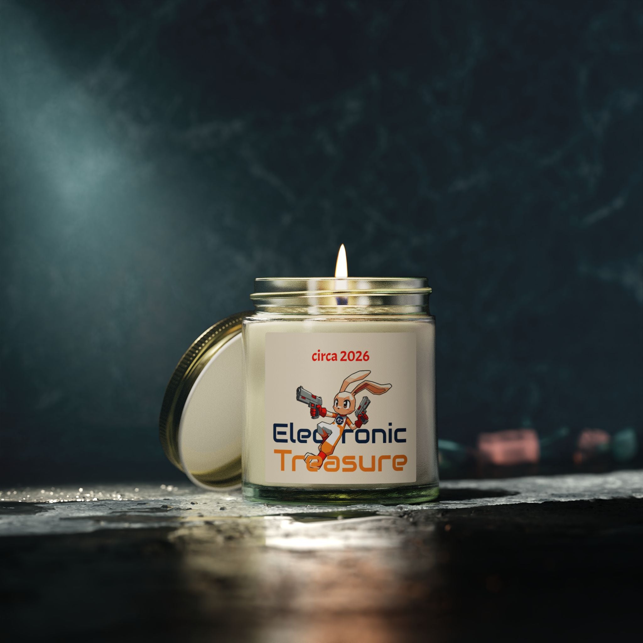 Electronic Treasure Candle — Coconut Apricot | "circa 2026" Low Poly Rabbit Gunslinger Jar Candle