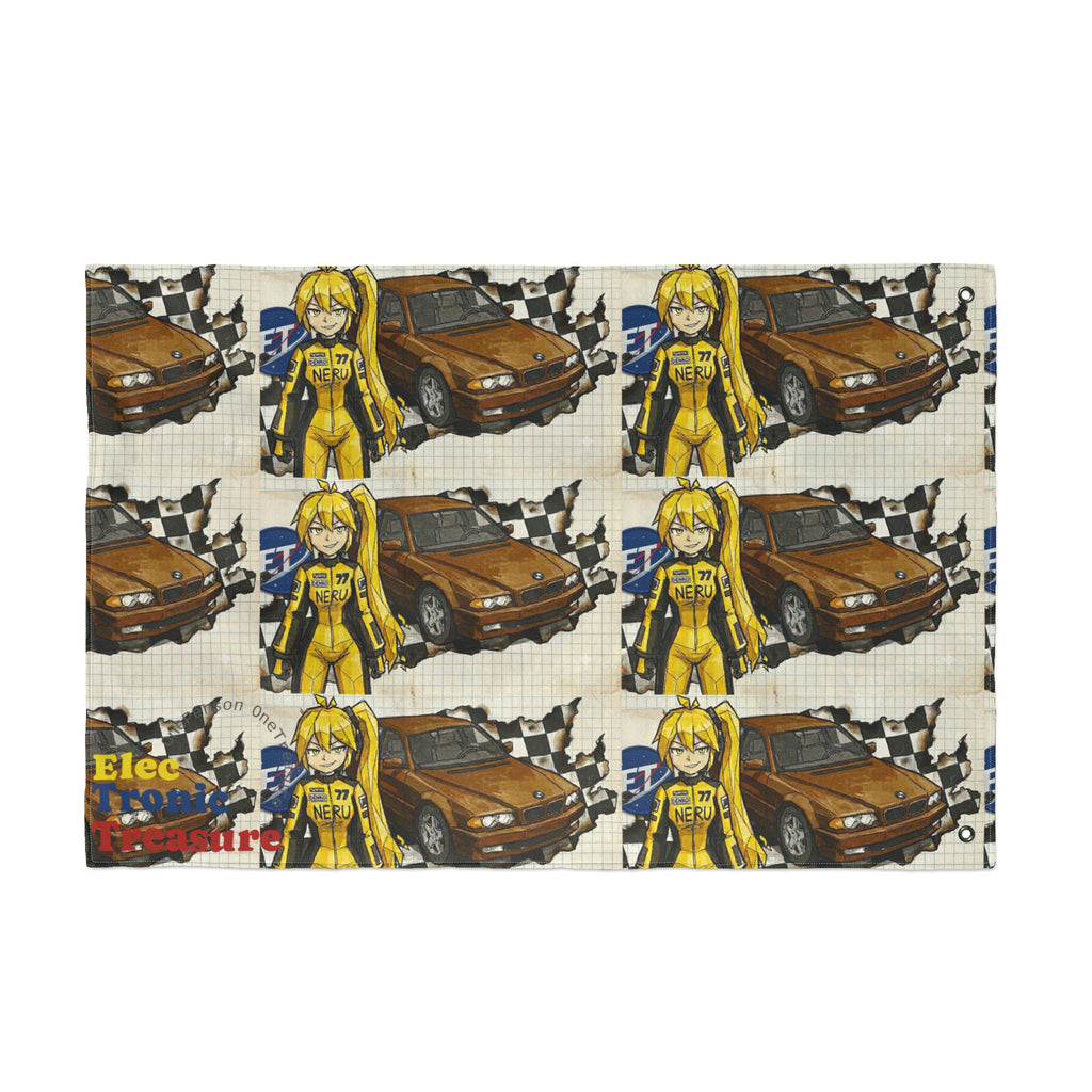 Yellow Haired Racer Double-Sided Flag | Anime Racing Wall Flag | Vocaloid Car Club Fan Banner | BMW Anime Room Decor