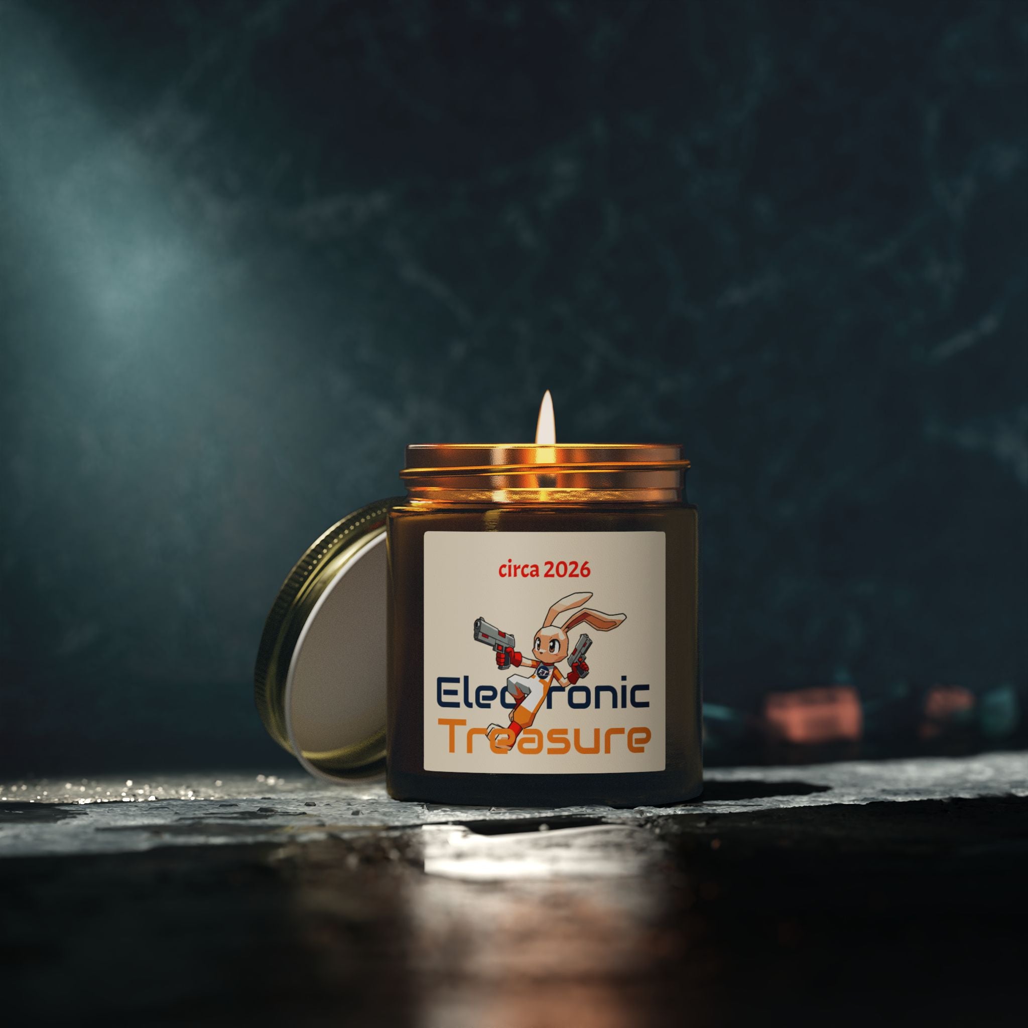 Electronic Treasure Candle — Coconut Apricot | "circa 2026" Low Poly Rabbit Gunslinger Jar Candle