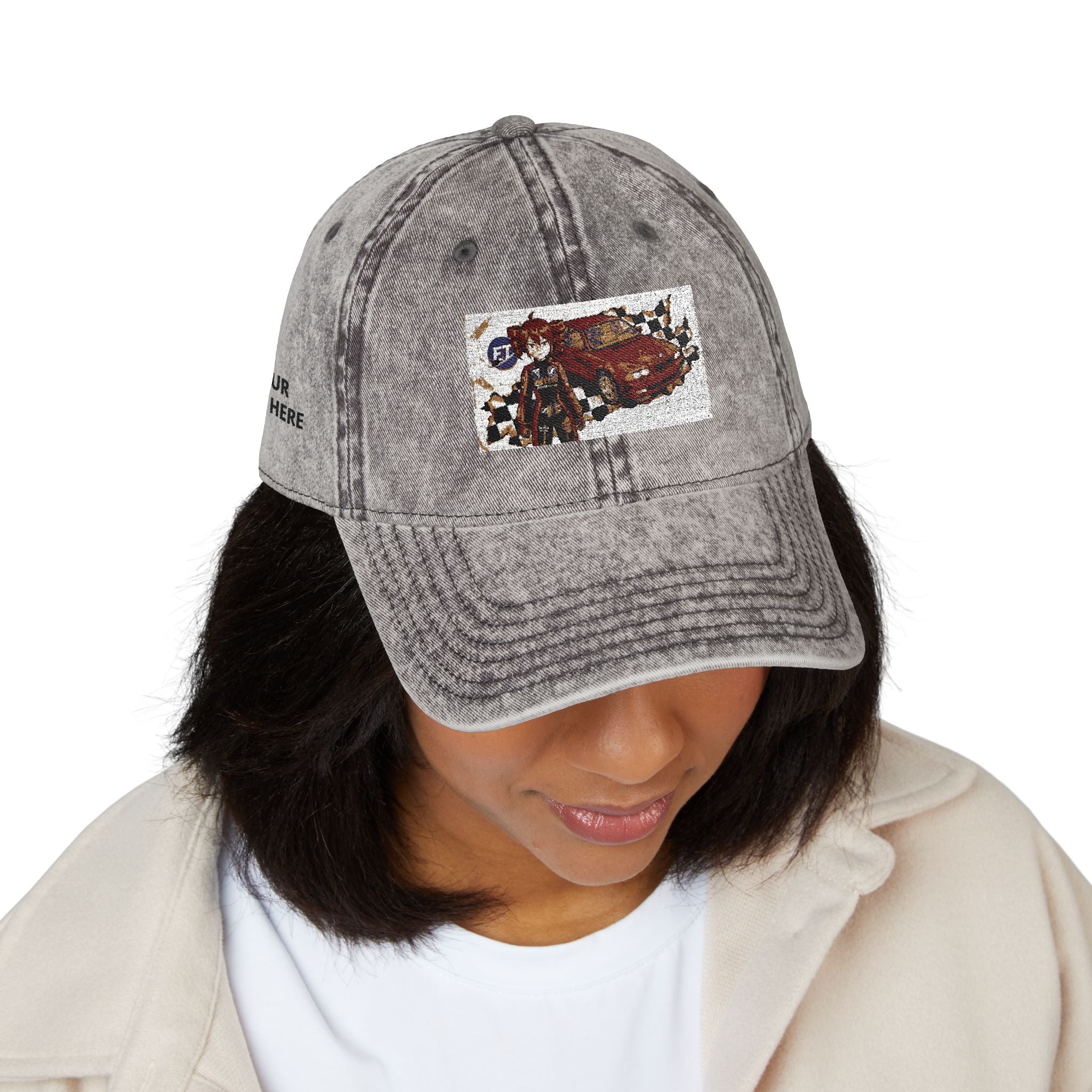 Red Haired Racer Vintage Embroidered Hat | Anime Racing Dad Cap | BMW Anime Washed Cap | Vocaloid Car Club Baseball Hat