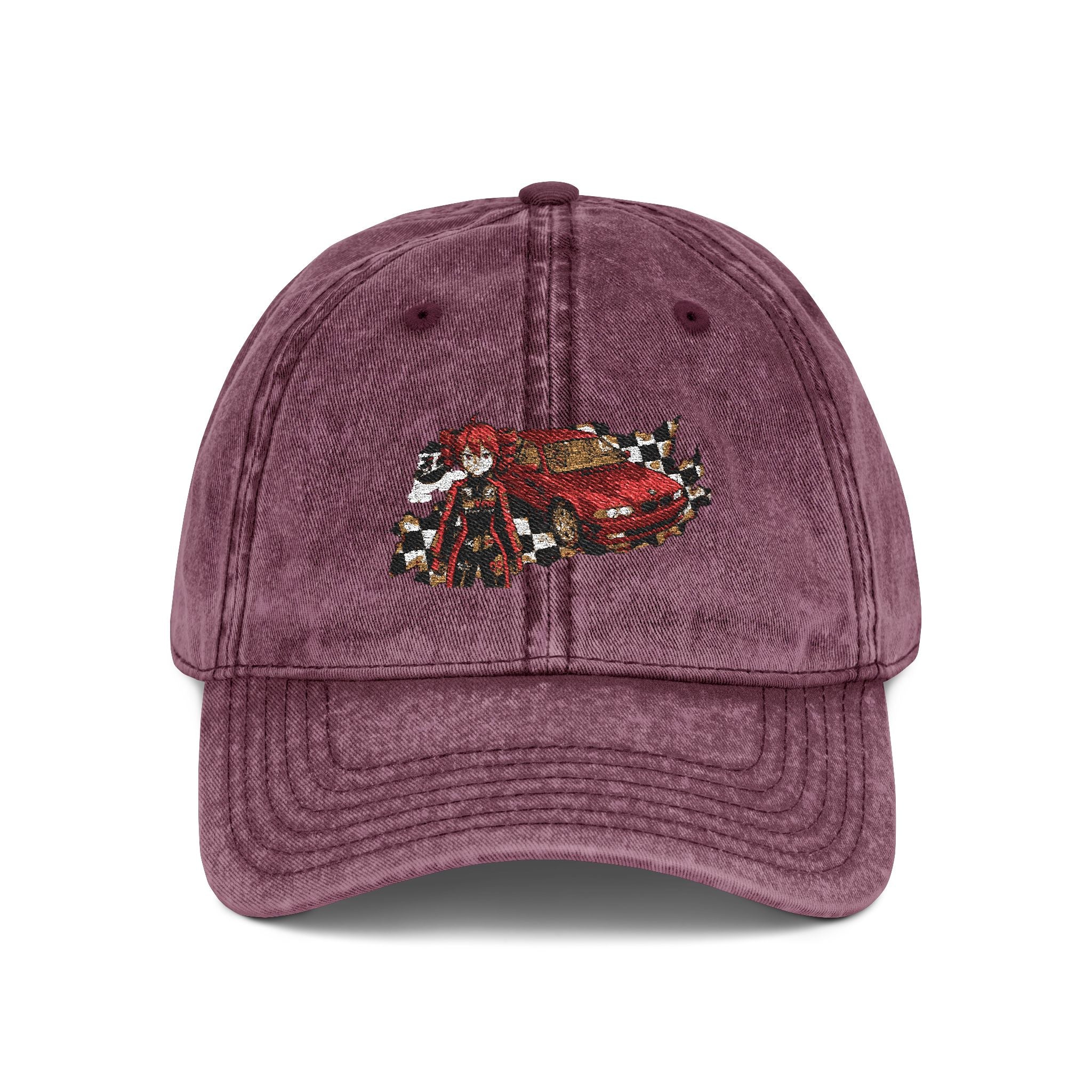 Red Haired Racer Vintage Embroidered Hat | Anime Racing Dad Cap | BMW Anime Washed Cap | Vocaloid Car Club Baseball Hat