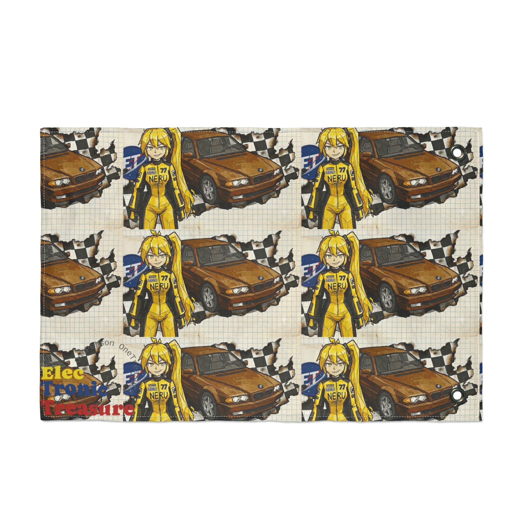 Yellow Haired Racer Double-Sided Flag | Anime Racing Wall Flag | Vocaloid Car Club Fan Banner | BMW Anime Room Decor
