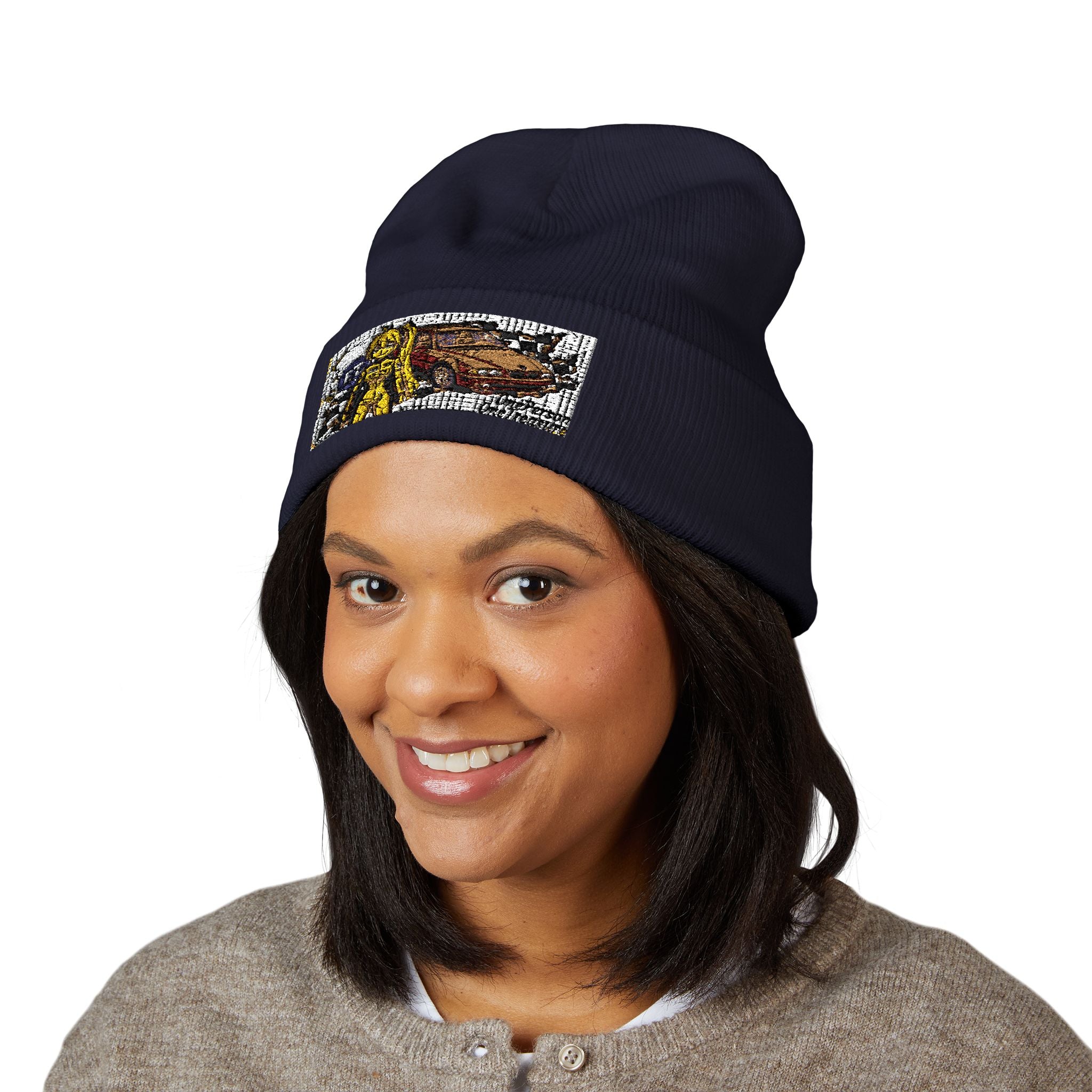 Yellow Haired Racer Embroidered Cuffed Beanie | Anime Racing Winter Hat | BMW Anime Streetwear Beanie | Vocaloid Car Club Knit Hat