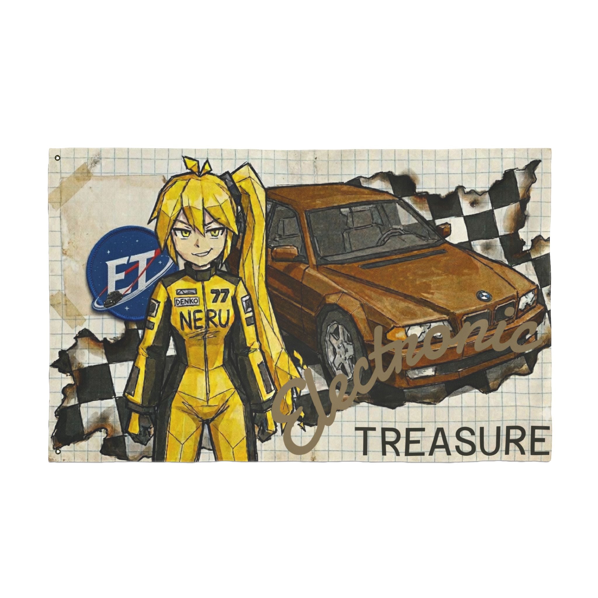 Yellow Haired Racer Double-Sided Flag | Anime Racing Wall Flag | Vocaloid Car Club Fan Banner | BMW Anime Room Decor