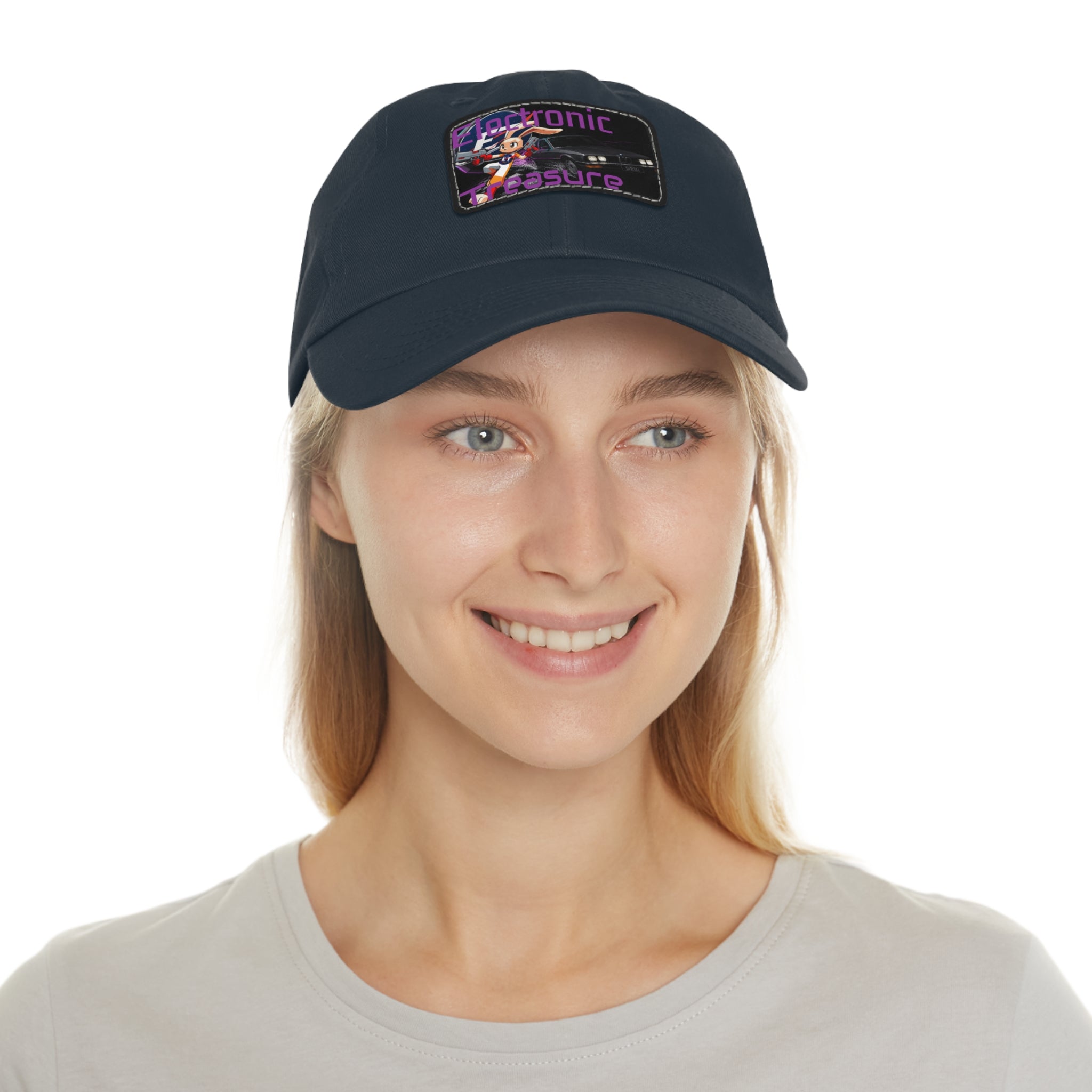 Electronic Treasure Dad Hat – Enzo Mascot Rectangular Leather Patch Cap