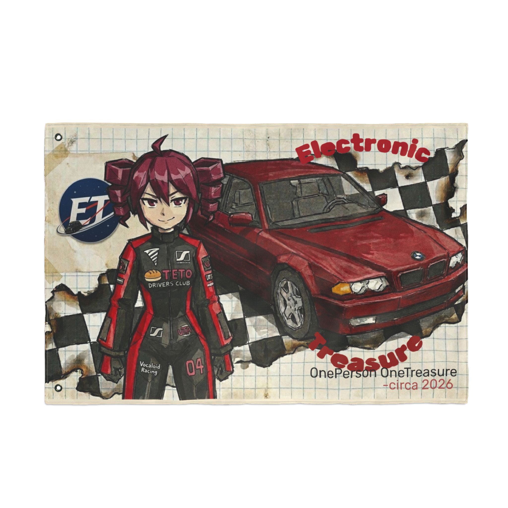 Red Haired Racer Double-Sided Flag | Anime Racing Wall Flag | Vocaloid Car Club Fan Banner | JDM Anime Room Decor
