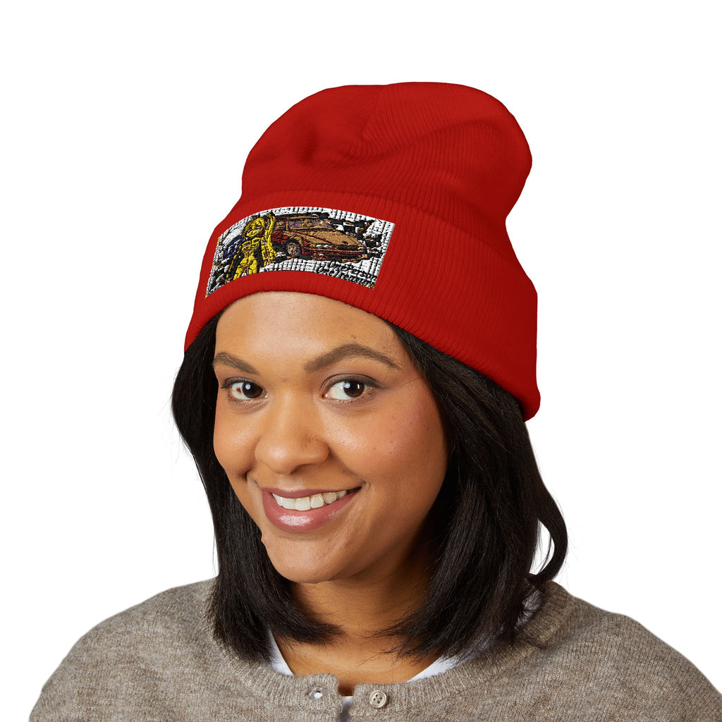 Yellow Haired Racer Embroidered Cuffed Beanie | Anime Racing Winter Hat | BMW Anime Streetwear Beanie | Vocaloid Car Club Knit Hat